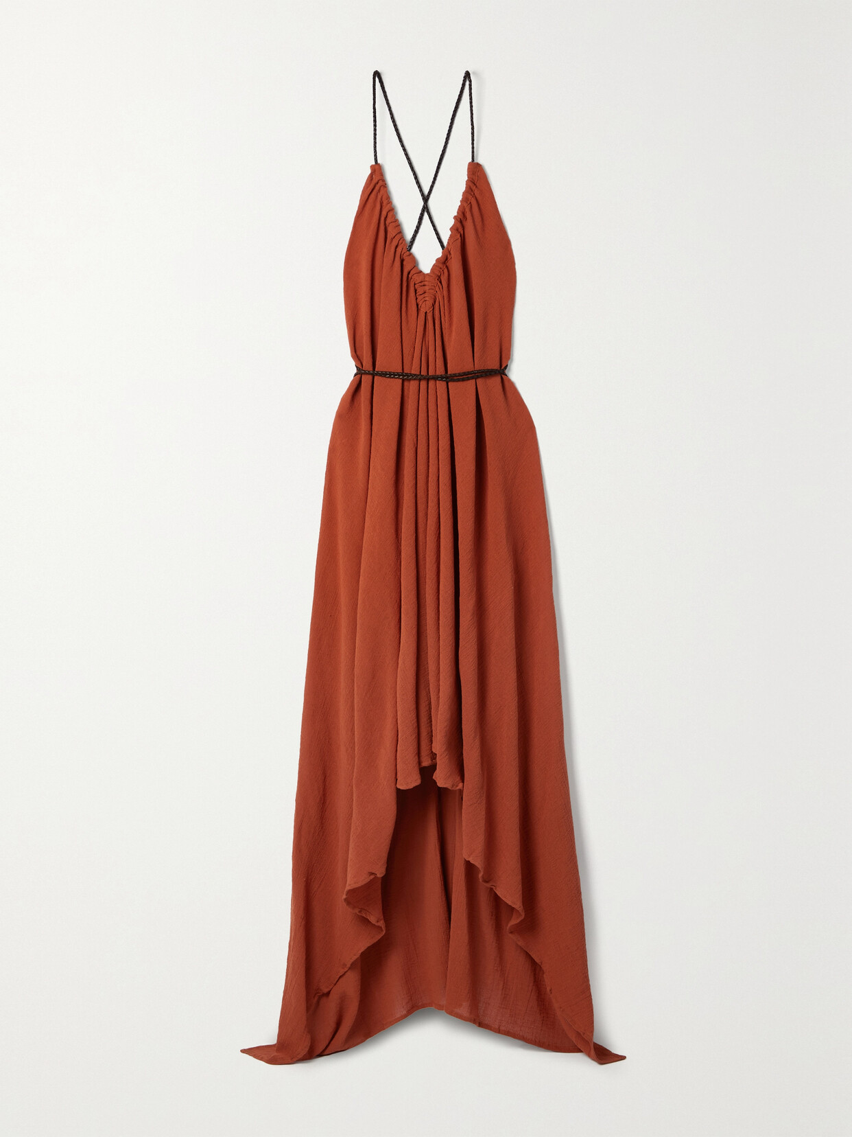 Shop Caravana + Net Sustain Ayikal Leather-trimmed Cotton-gauze Midi Dress In Orange