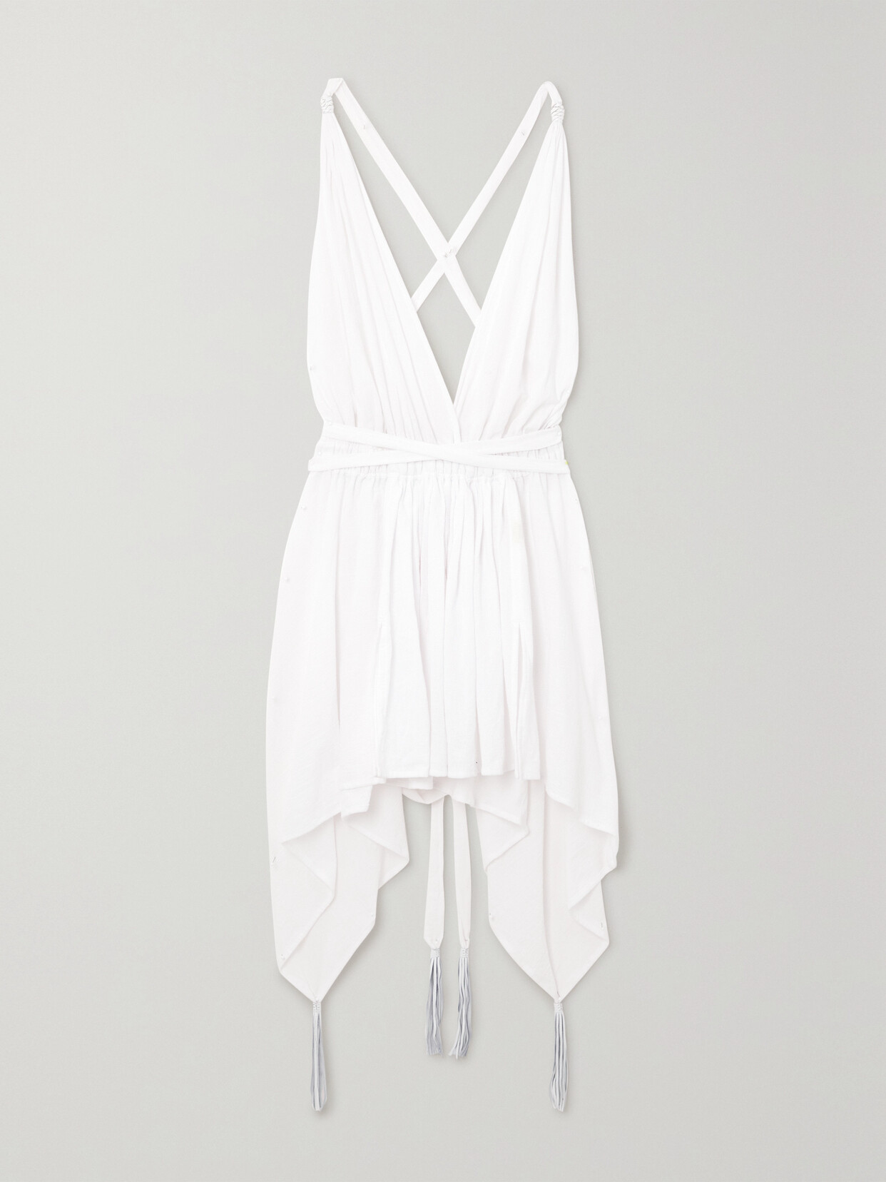 Caravana Chuj Asymmetric Leather-trimmed Cotton-gauze Halterneck Mini Dress In White