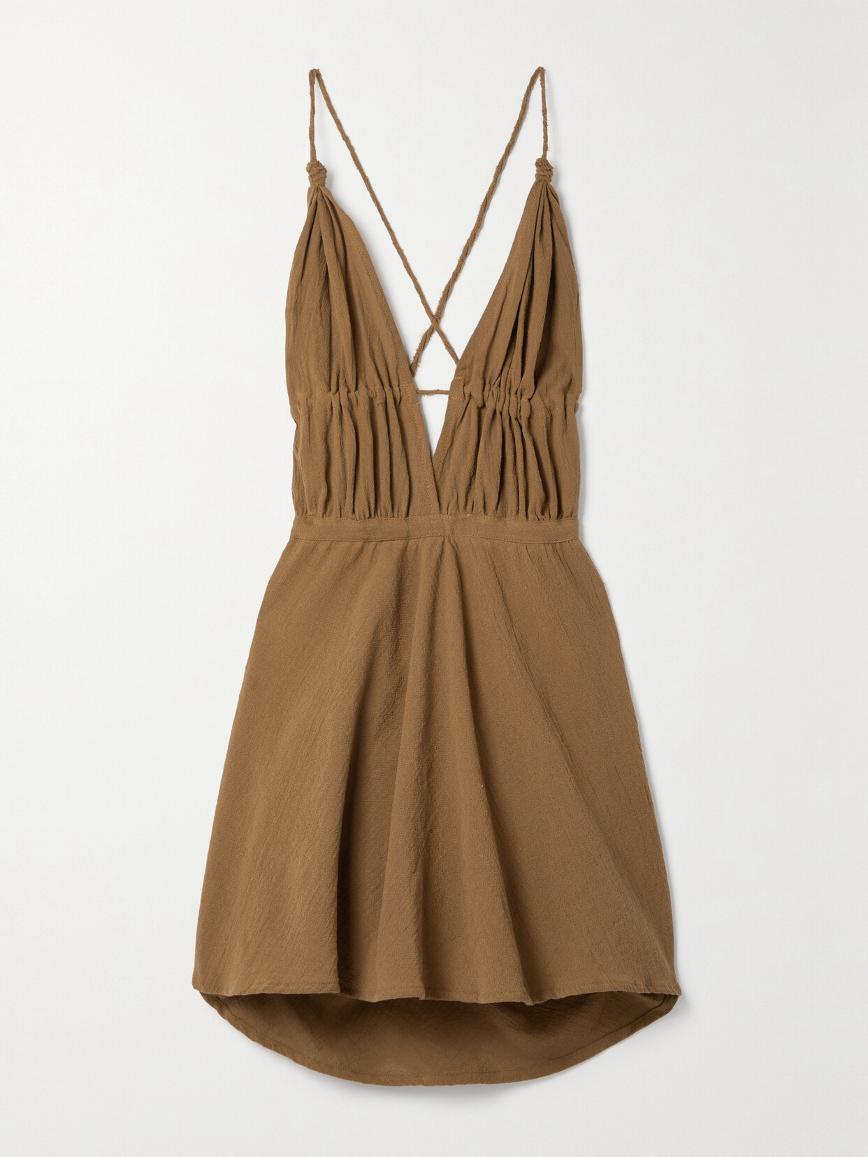 Caravana - Astu Open-back Ruched Cotton-gauze Mini Dress - Brown