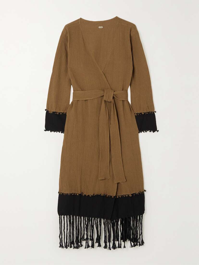 Caravana + Net Sustain Suhay Belted Two-tone Fringed Cotton-gauze Robe