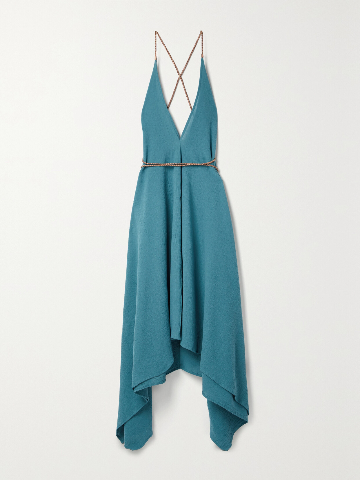 Caravana Yatzil Asymmetric Leather-trimmed Cotton Maxi Dress In Blue