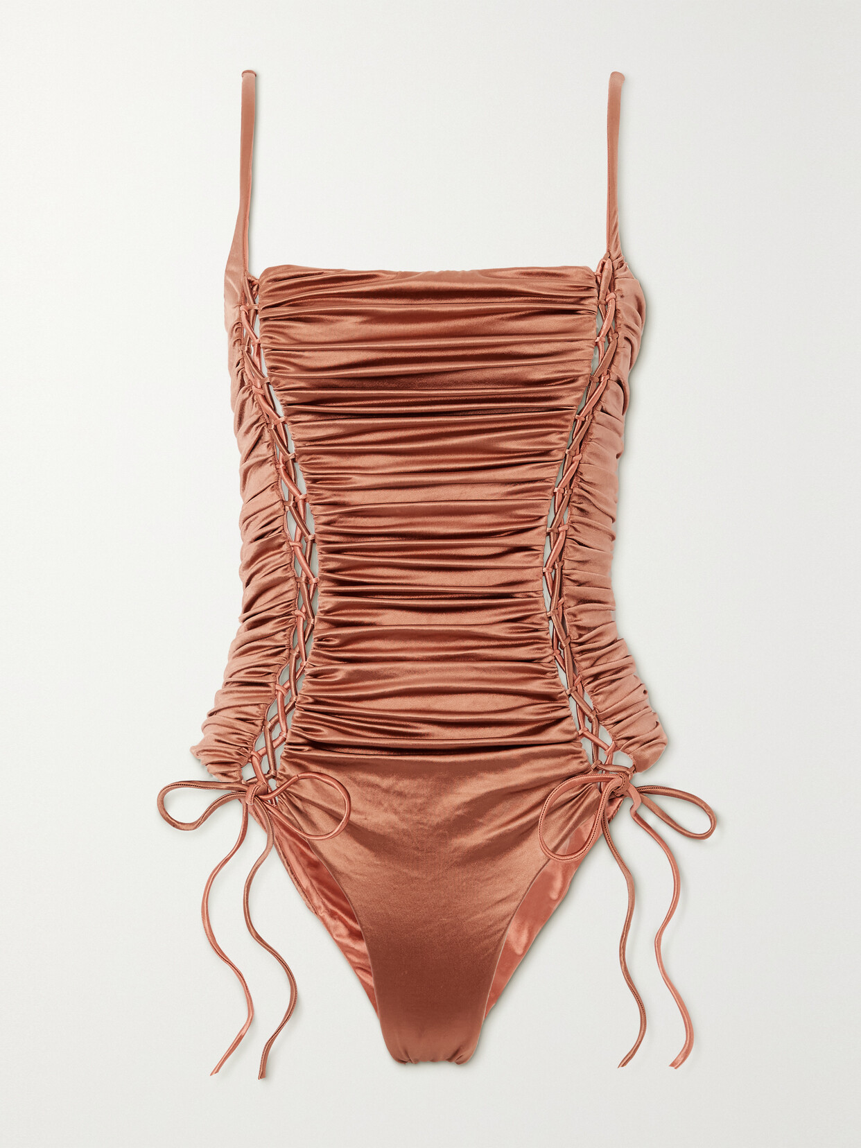 Isa Boulder Ruched Stretch-satin Swimsuit - Brown