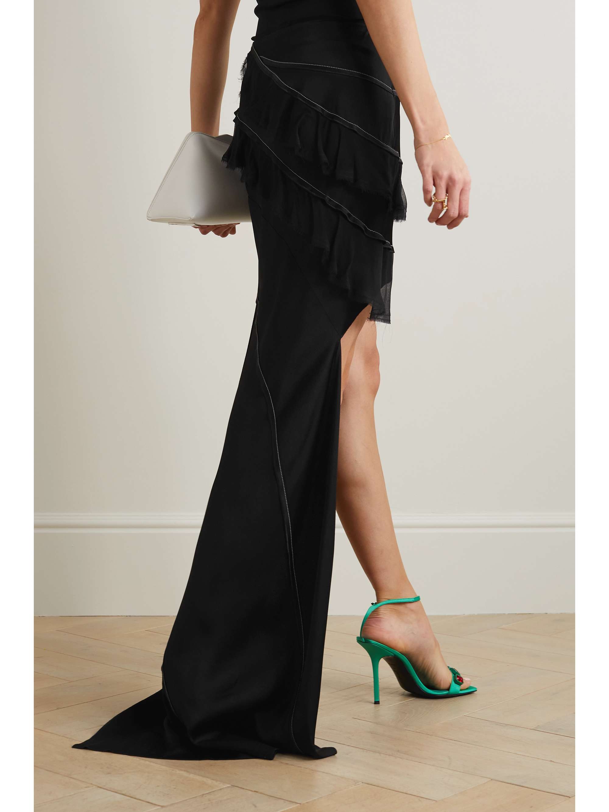 VICTORIA BECKHAM Asymmetric ruffled chiffon-trimmed crepe de chine maxi skirt