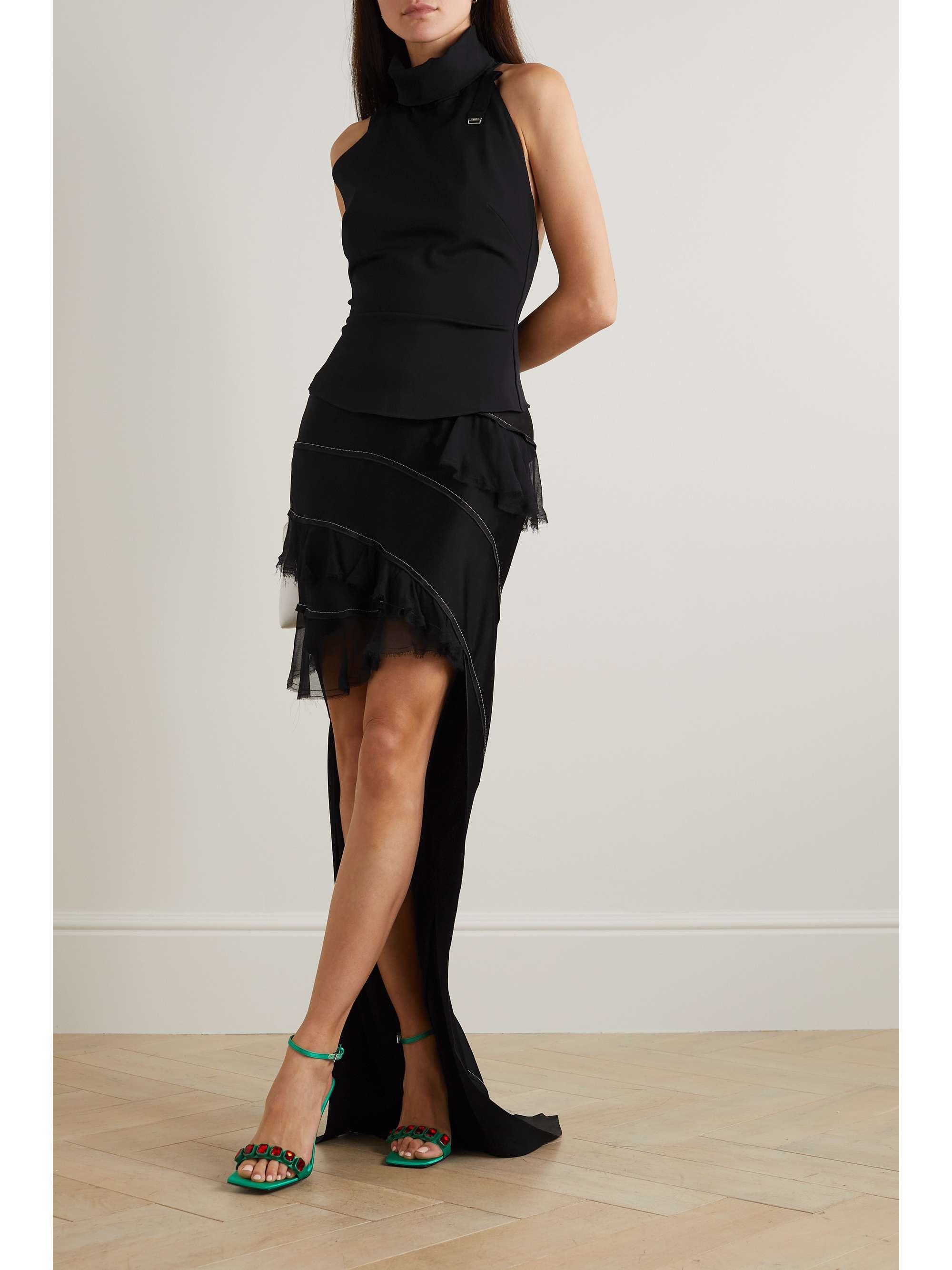 VICTORIA BECKHAM Asymmetric ruffled chiffon-trimmed crepe de chine maxi skirt