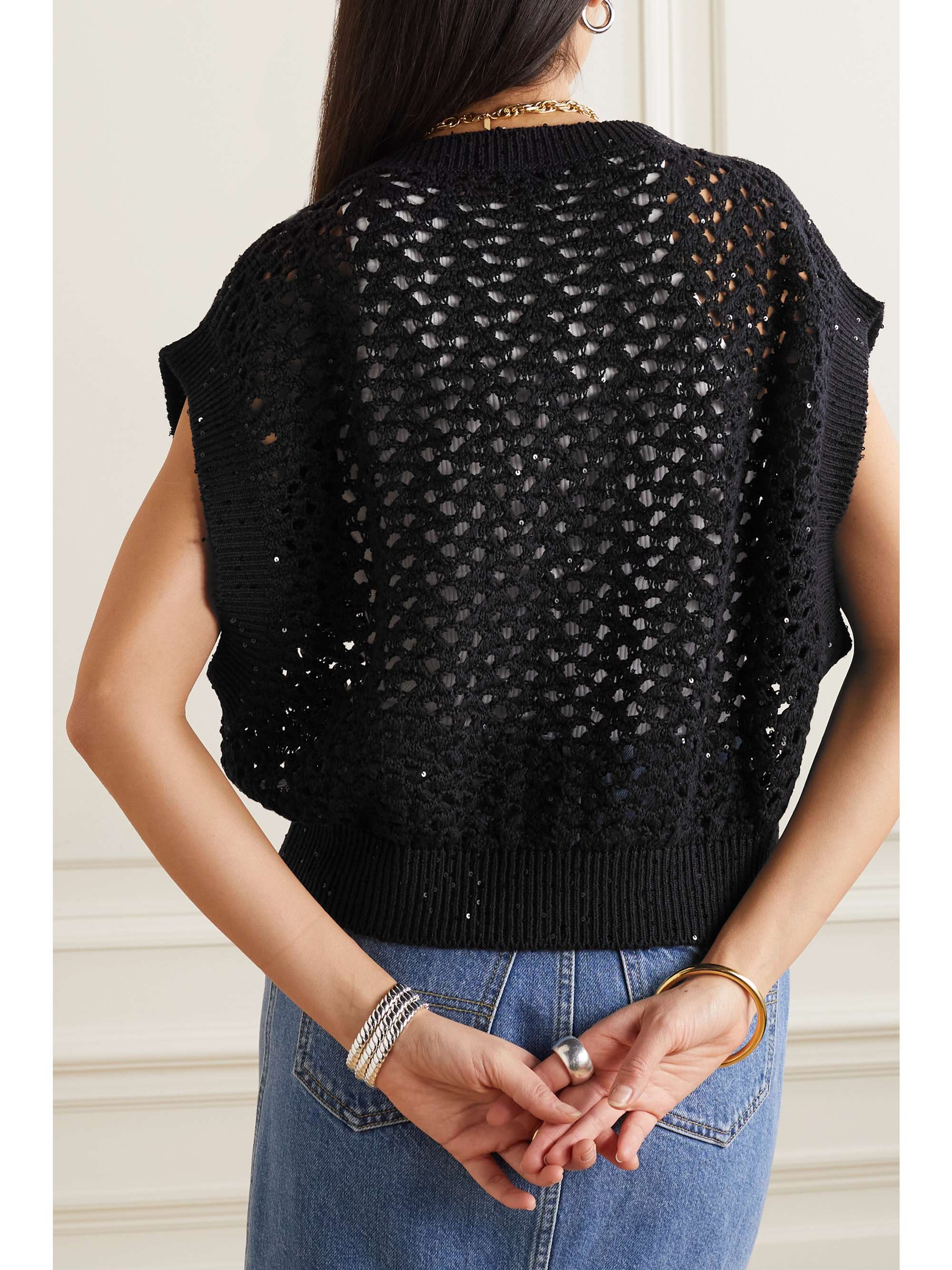BRUNELLO CUCINELLI Dazzling Net embellished open-knit cotton, linen and silk-blend vest