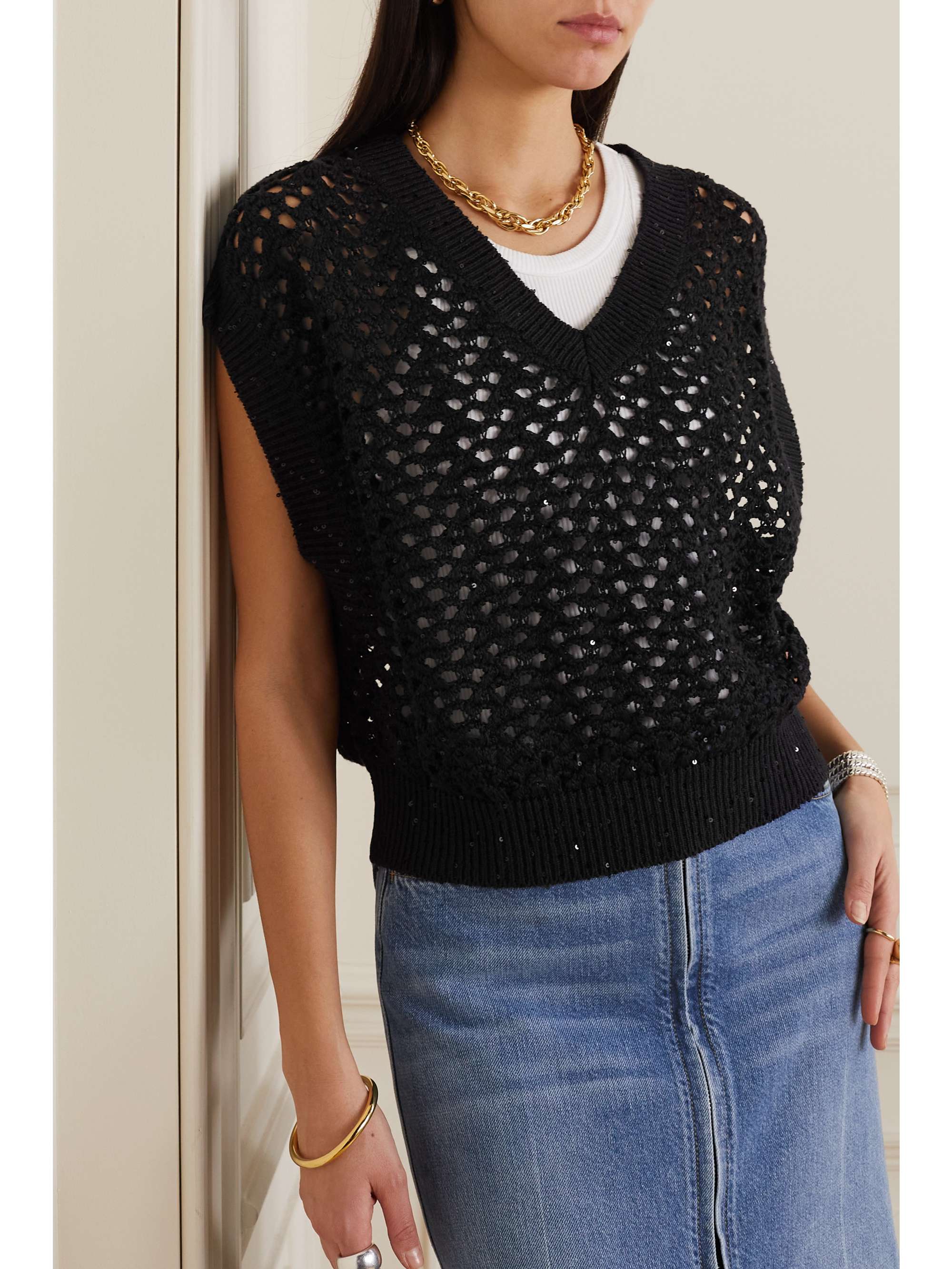 BRUNELLO CUCINELLI Dazzling Net embellished open-knit cotton, linen and silk-blend vest