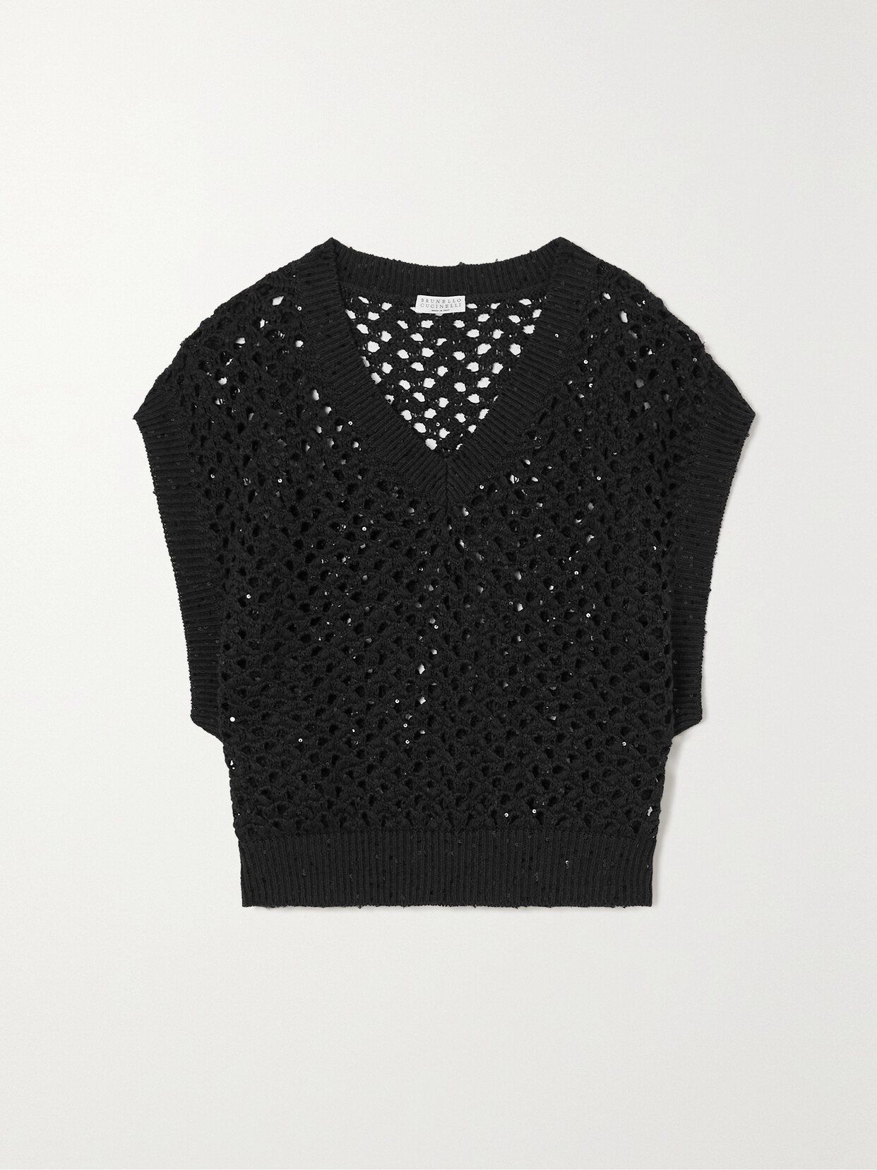 Brunello Cucinelli - Dazzling Net Embellished Open-knit Cotton, Linen And Silk-blend Vest - Black