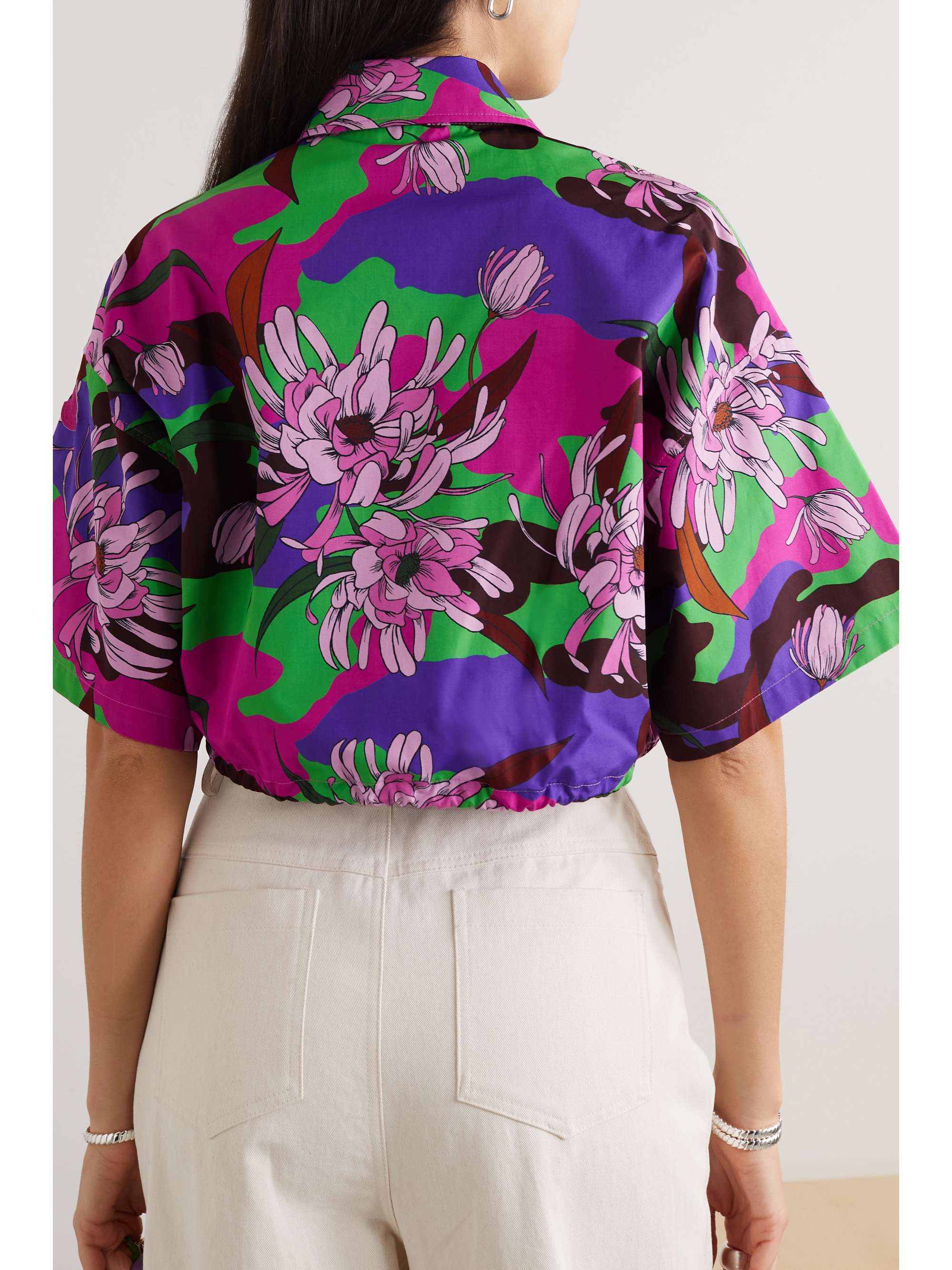 MONCLER Cropped floral-print cotton-poplin shirt
