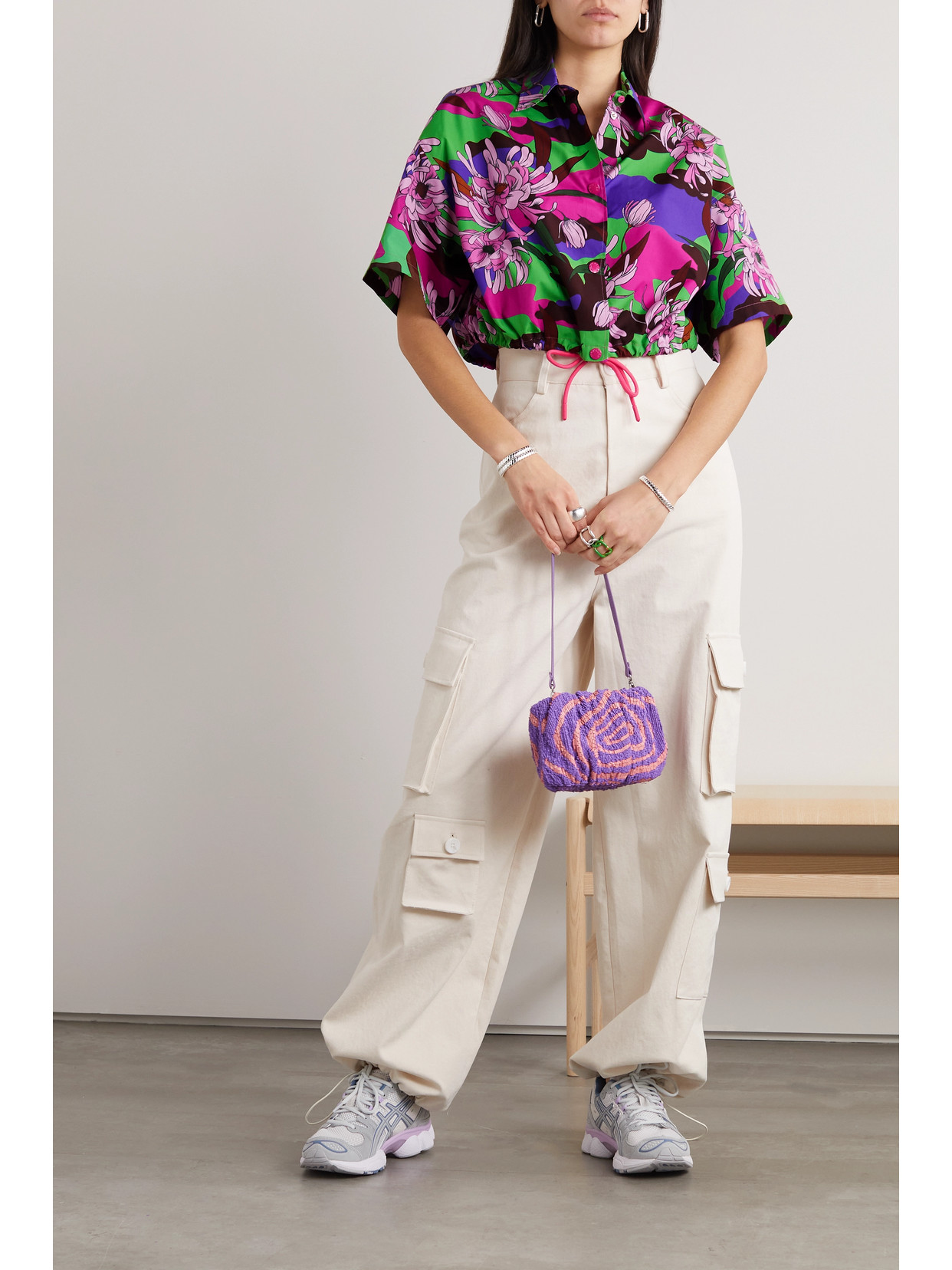 Moncler Cropped Floral-print Cotton-poplin Shirt In Purple