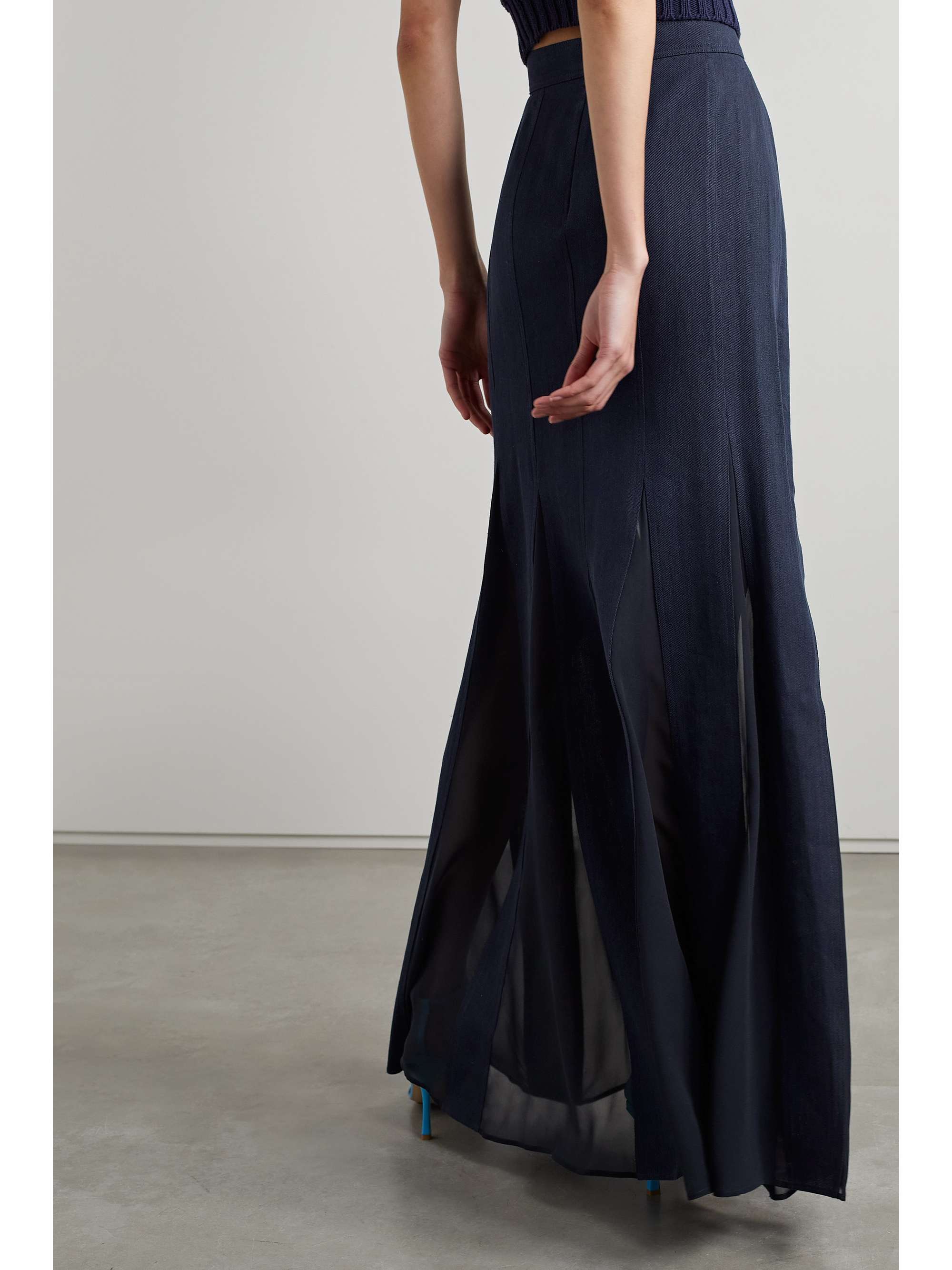 MAX MARA Nicia pleated georgette-trimmed linen and cotton-blend twill maxi skirt