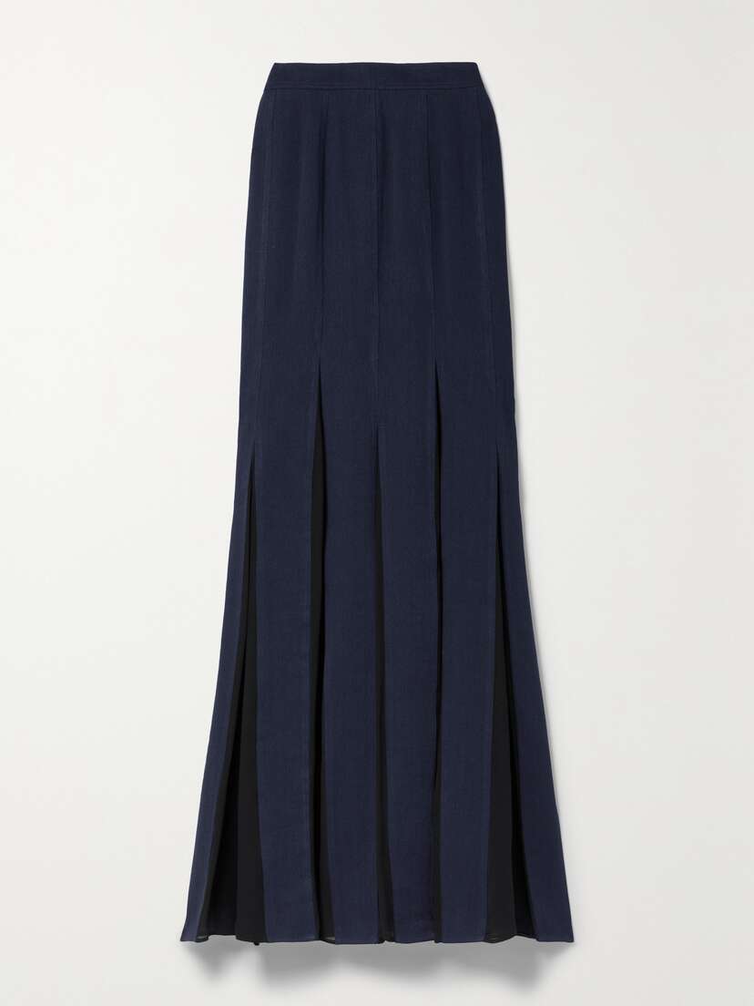 Max Mara Nicia Pleated Georgette-trimmed Linen And Cotton-blend Twill Maxi Skirt