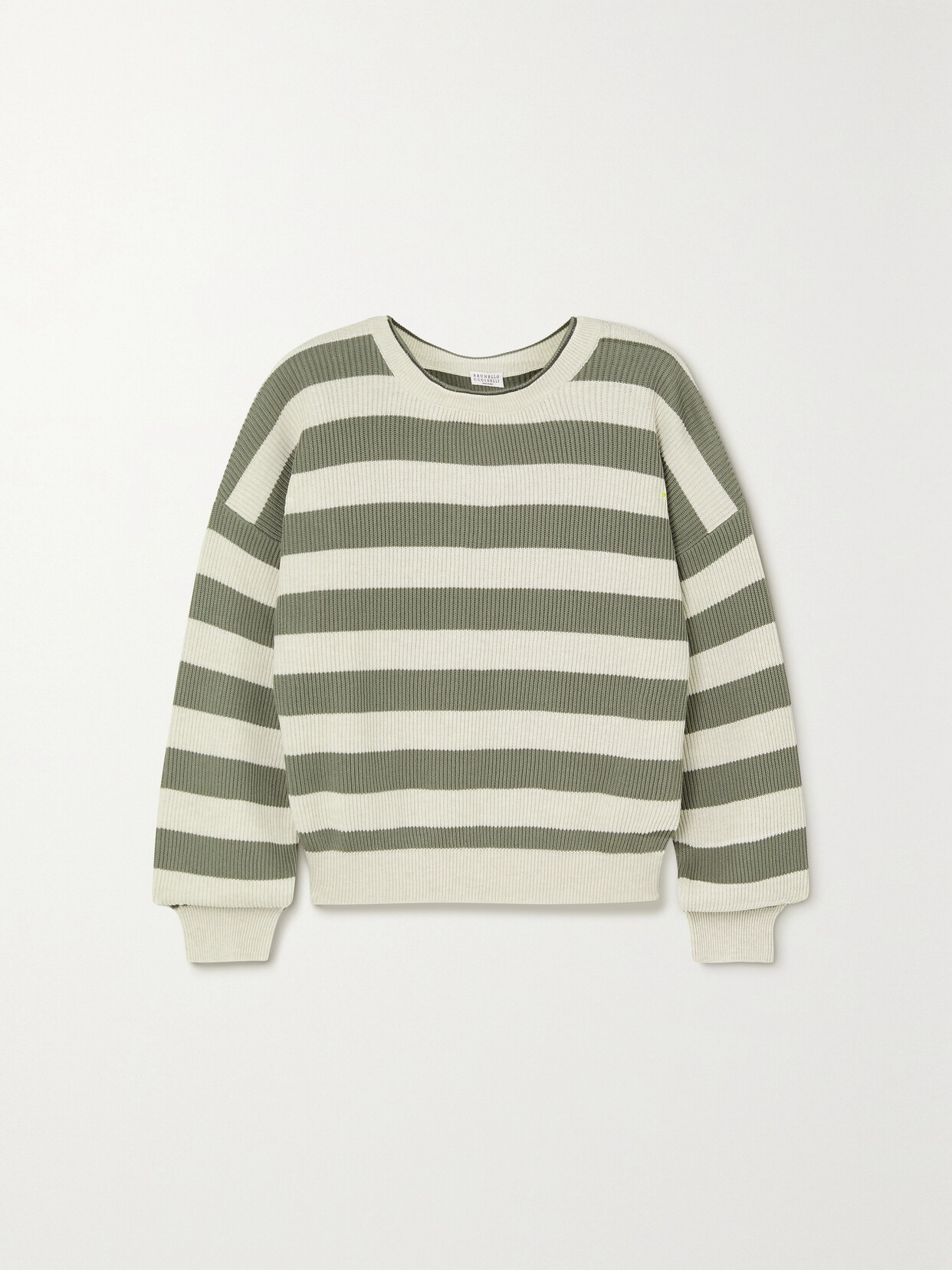 Brunello Cucinelli Striped Ribbed Cotton Sweater In White,green