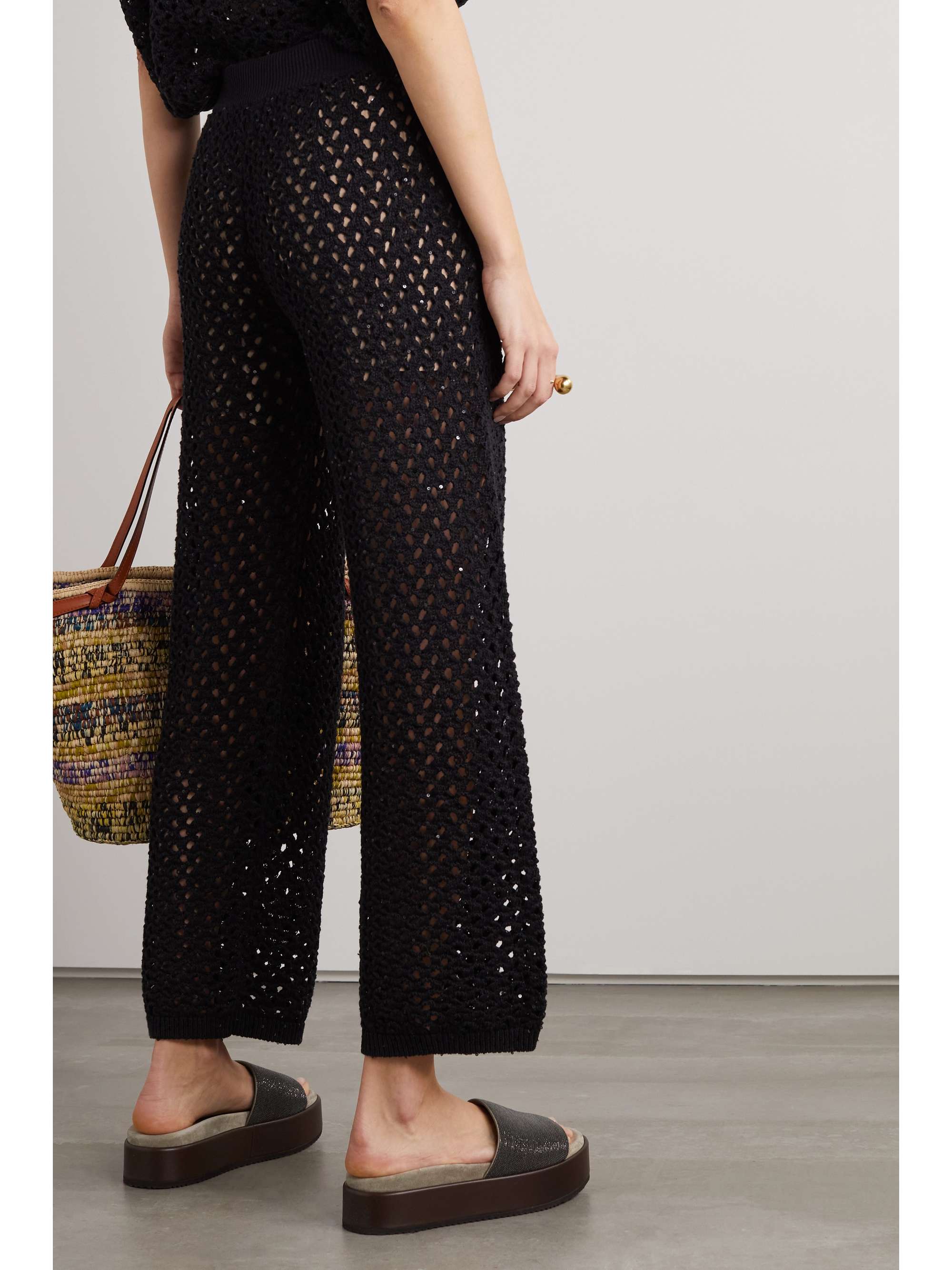 BRUNELLO CUCINELLI Sequin-embellished cotton, linen and silk-blend straight-leg pants