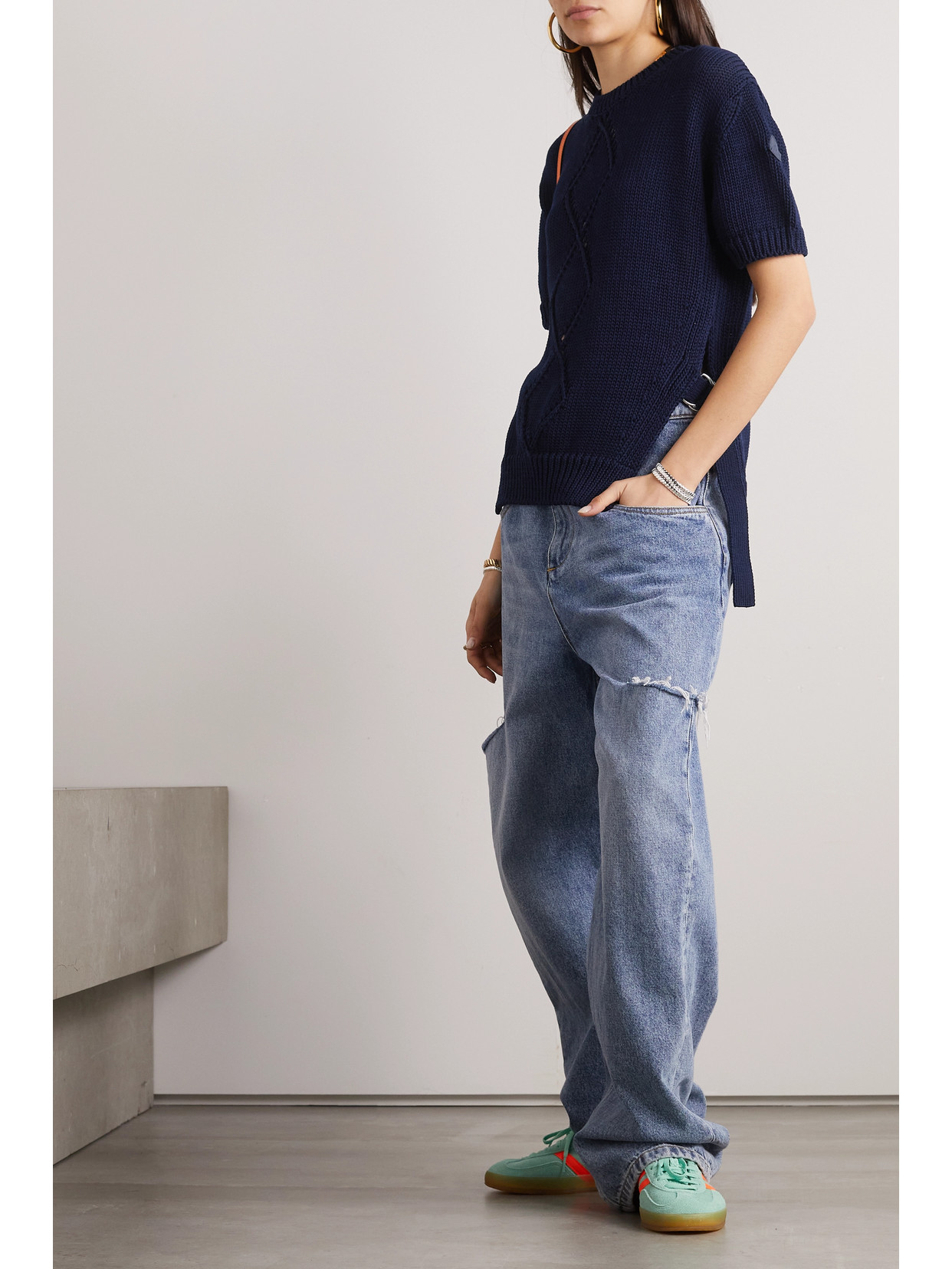 Moncler Cutout Ribbed Cotton T-shirt In Blue