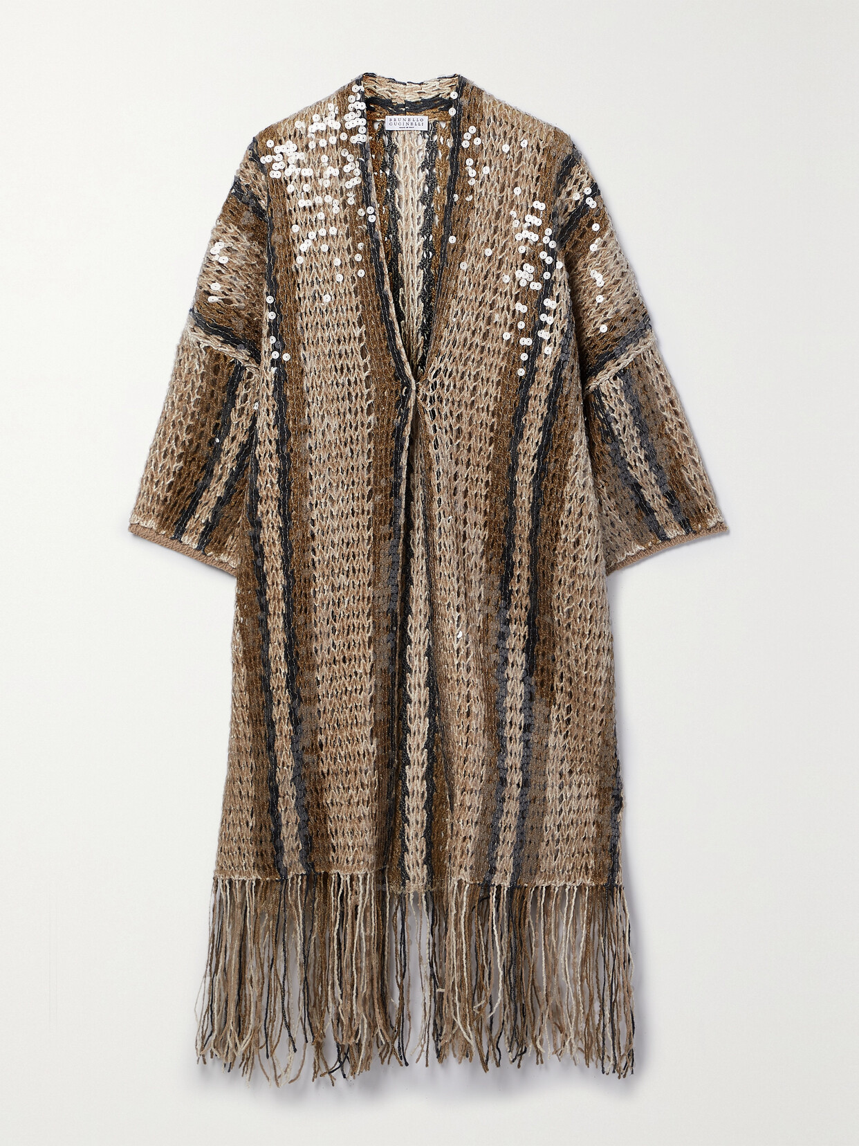 Brunello Cucinelli - Fringed Striped Sequined Jute-blend Cardigan - Neutrals