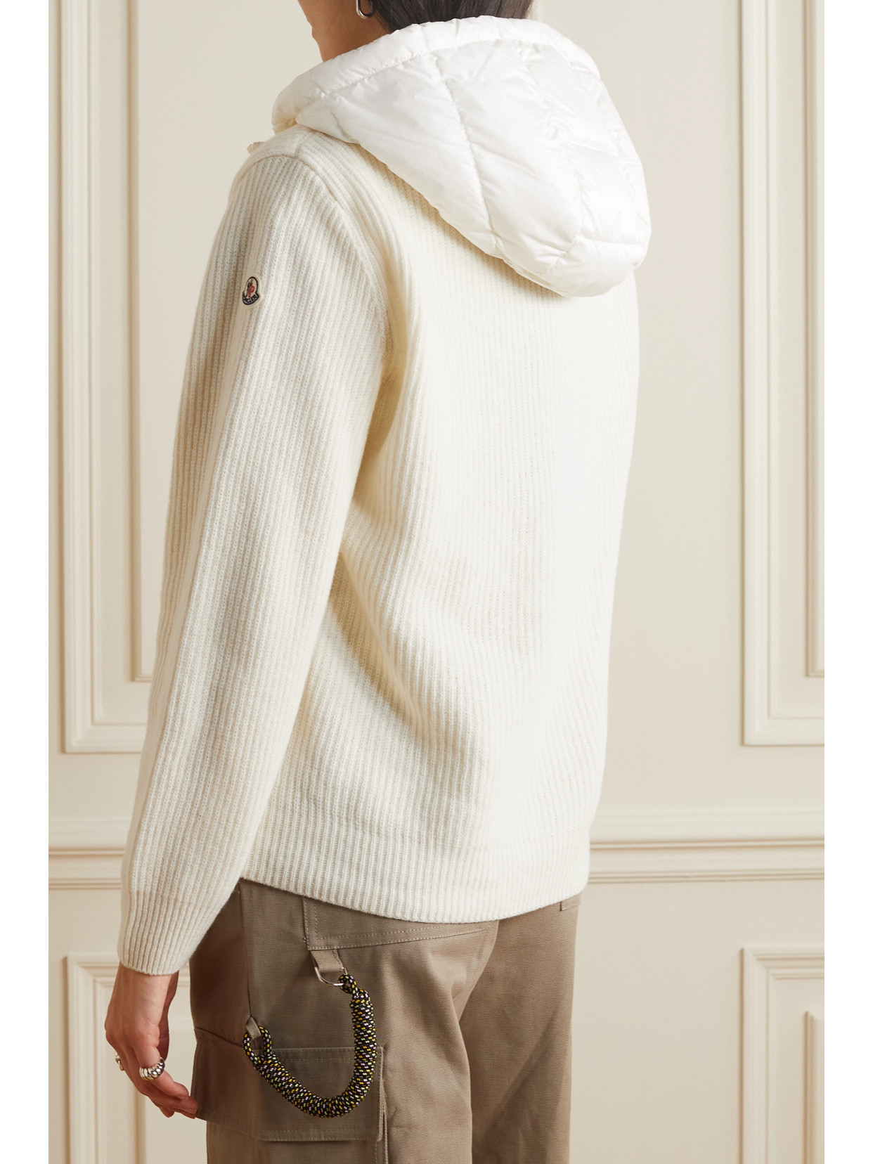 Shop Moncler Ribbed Wool And Quilted Shell Down Hoodie In White