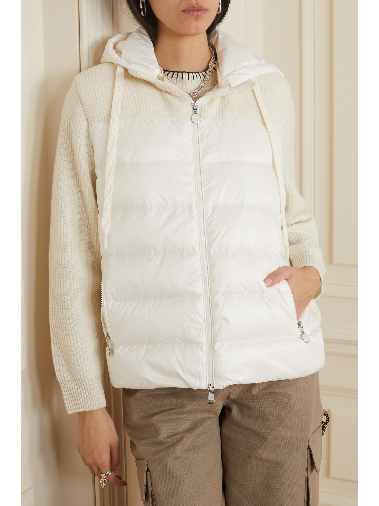 Shop Moncler Ribbed Wool And Quilted Shell Down Hoodie In White