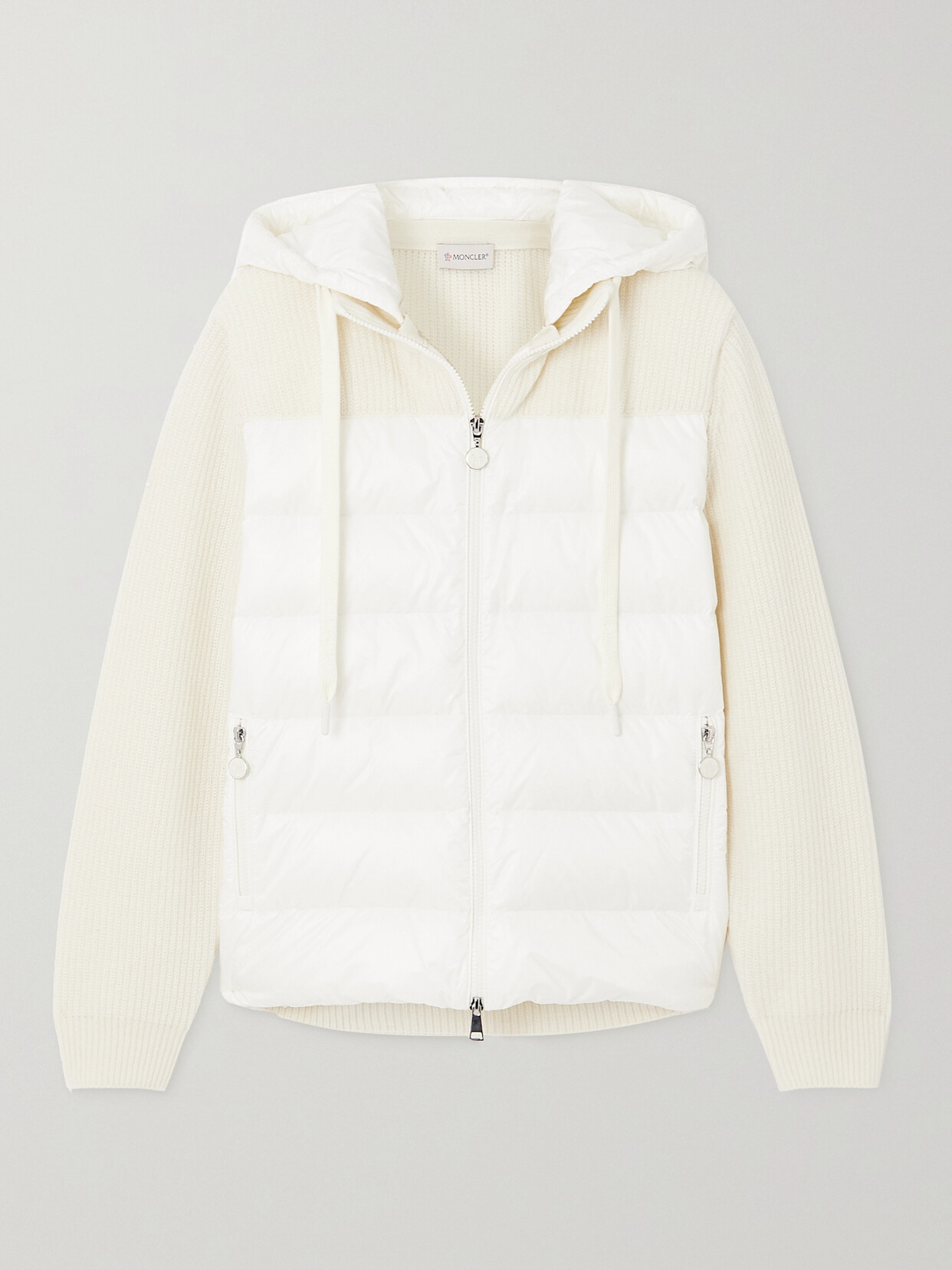 Moncler - Ribbed Wool And Quilted Shell Down Hoodie - White