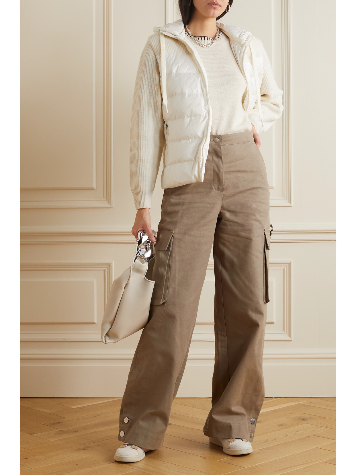 Moncler Ribbed Wool And Quilted Shell Down Hoodie In White
