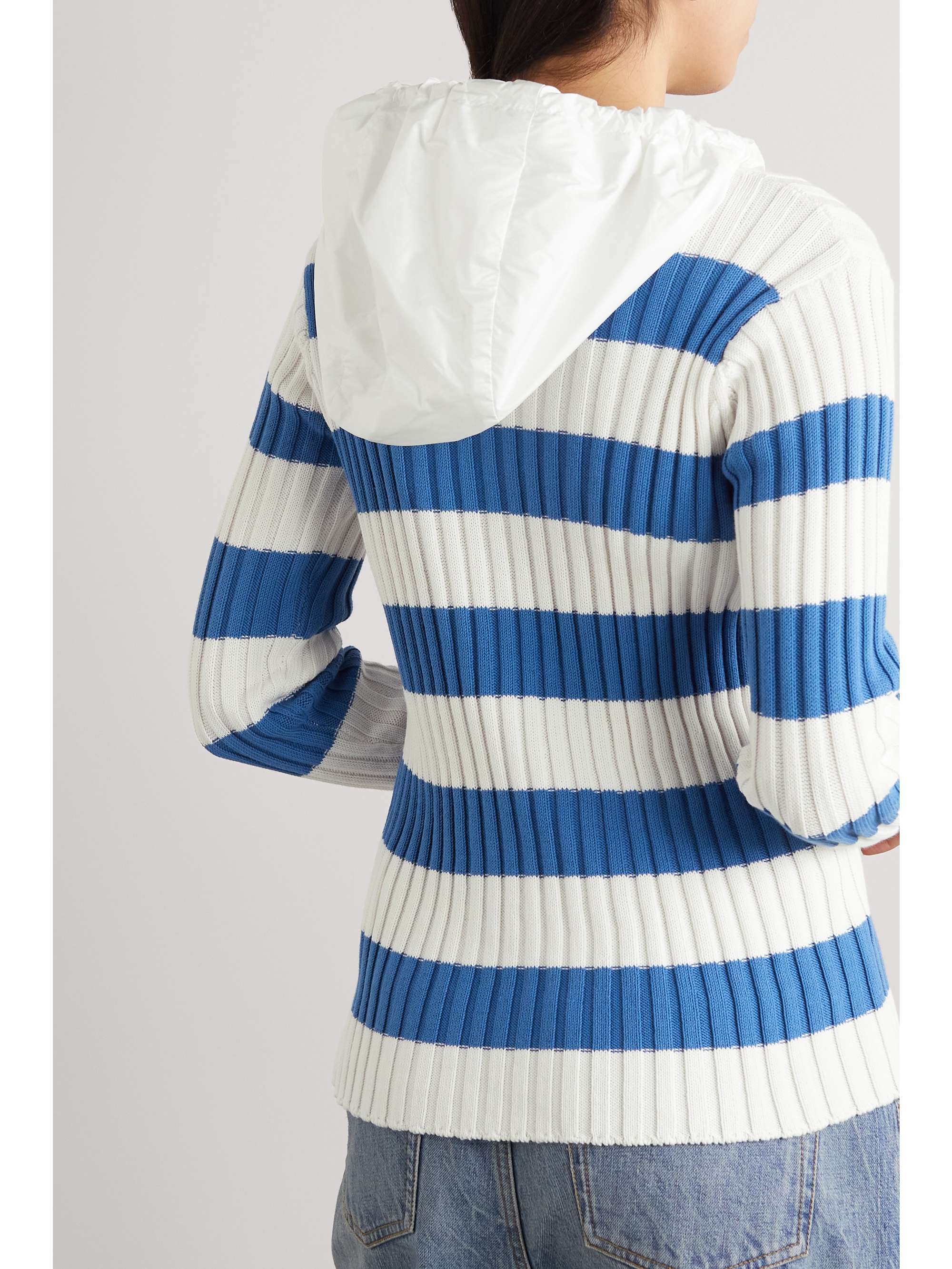 MONCLER Shell-trimmed striped ribbed cotton hoodie