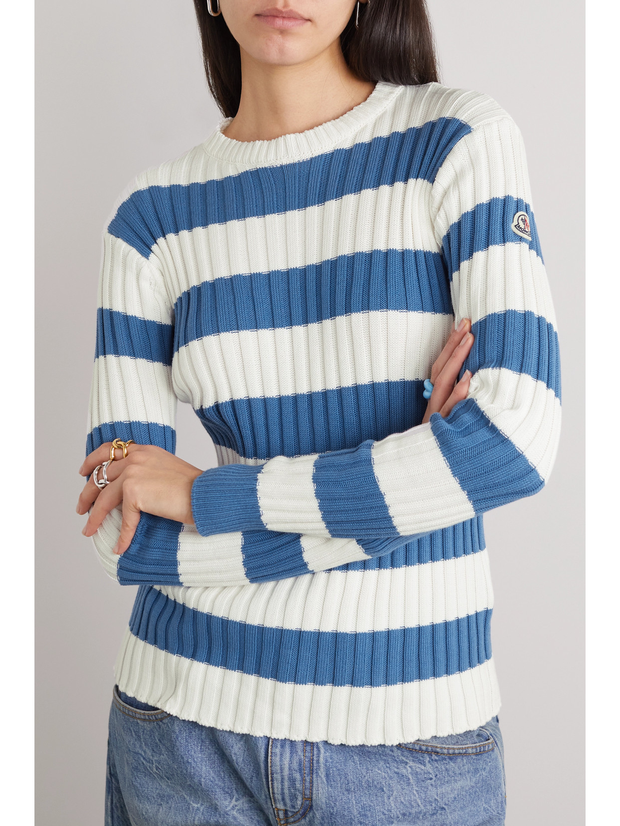 Moncler Shell-trimmed Striped Ribbed Cotton Hoodie In Blue