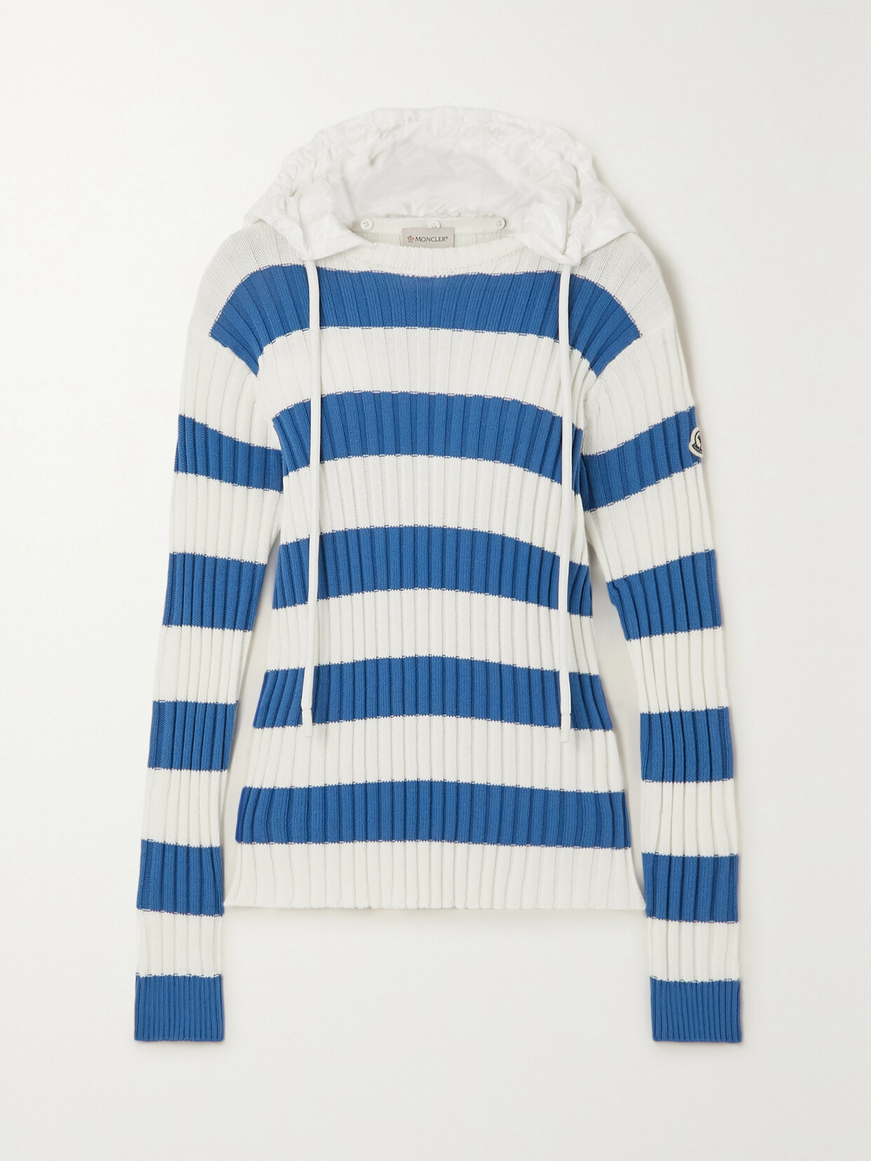 MONCLER SHELL-TRIMMED STRIPED RIBBED COTTON HOODIE