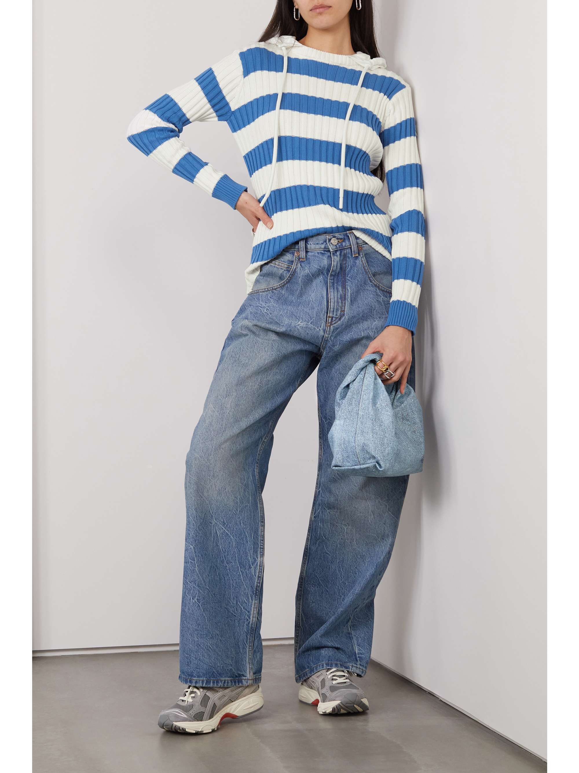 MONCLER Shell-trimmed striped ribbed cotton hoodie
