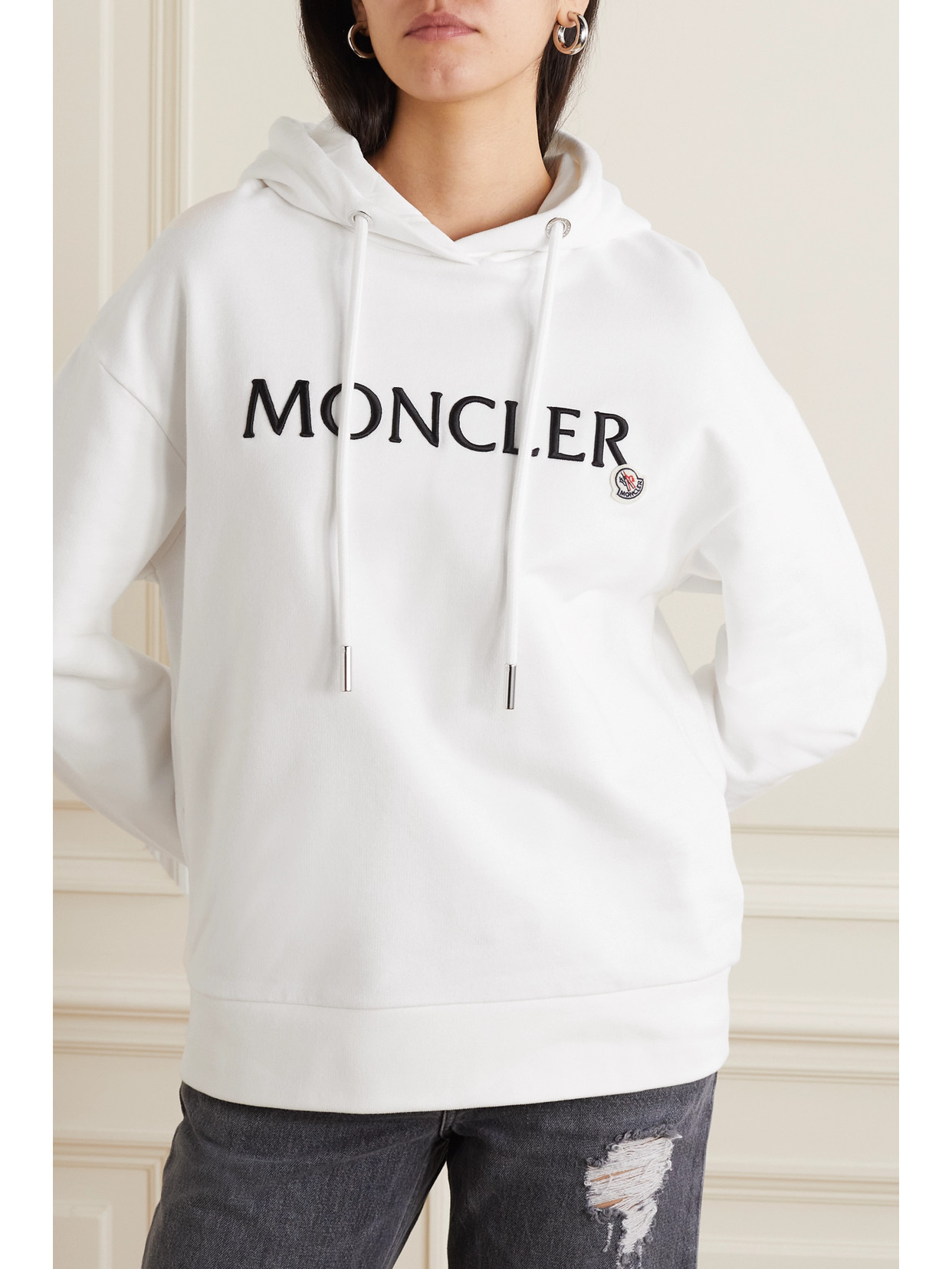 Moncler Logo-embroidered Drawstring Cotton Hoodie In White