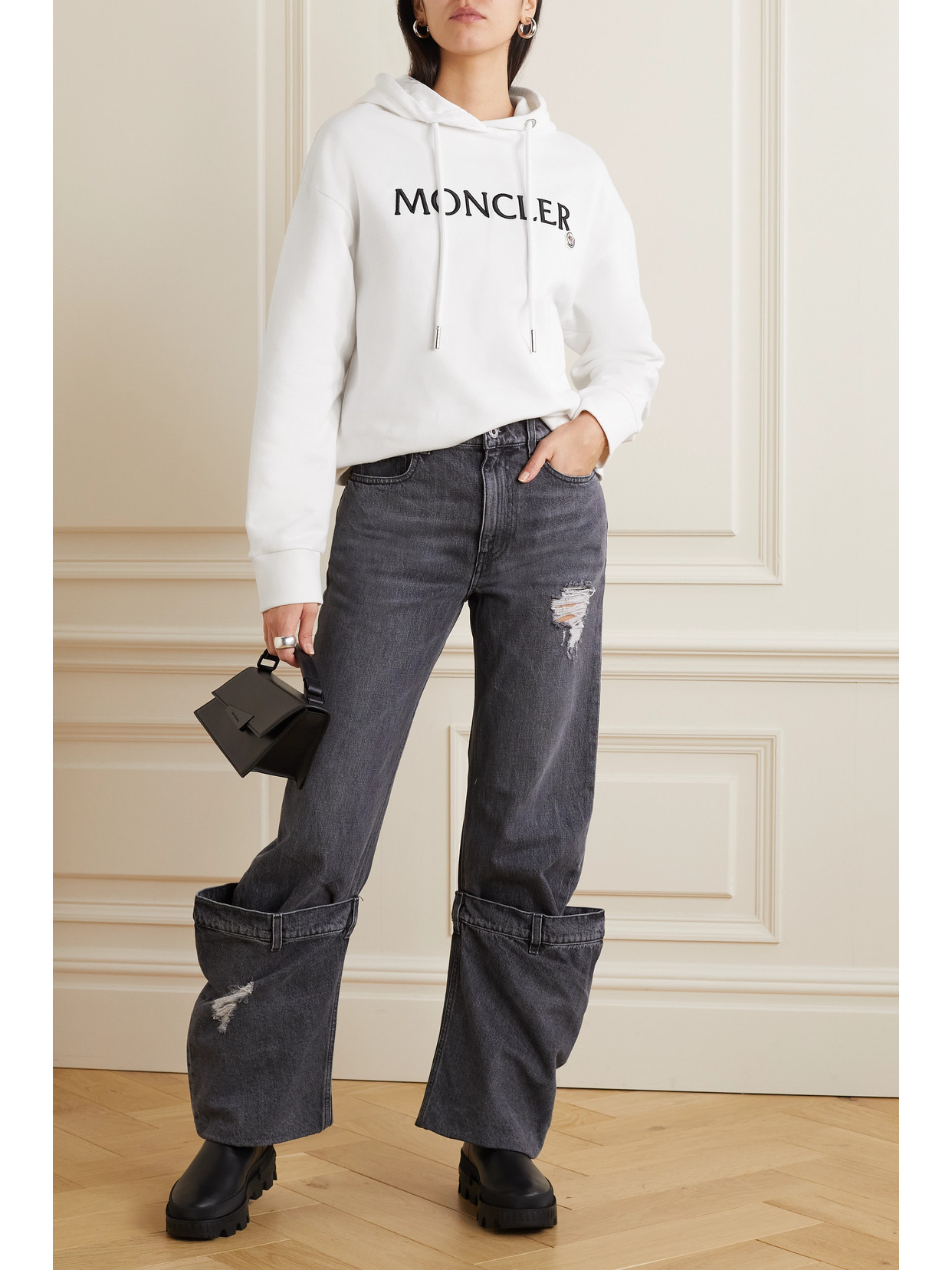 Moncler Logo-embroidered Drawstring Cotton Hoodie In White