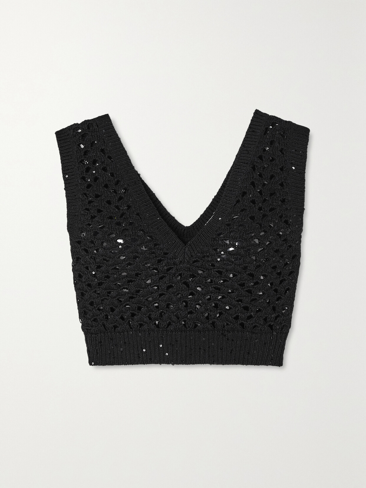 Brunello Cucinelli - Cropped Sequin-embellished Cotton, Linen And Silk-blend Top - Black