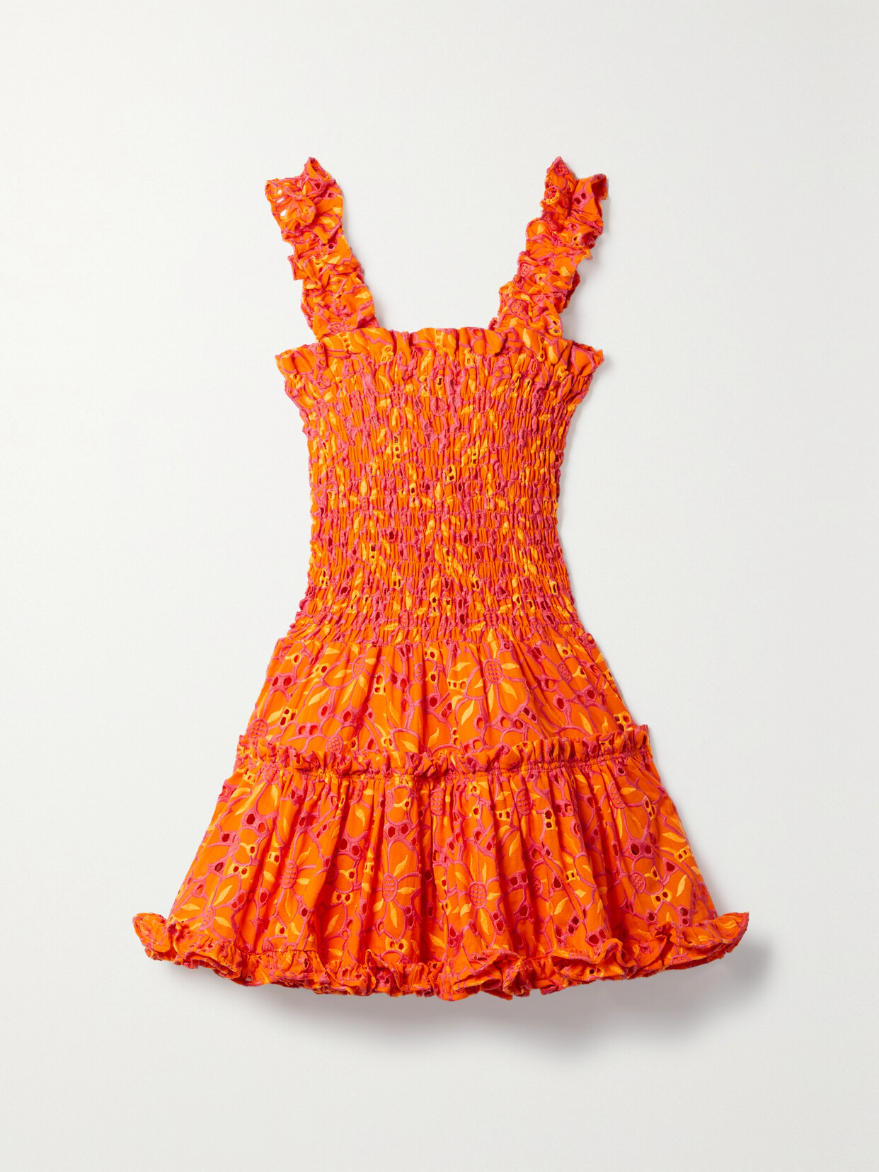 WAIMARI - + Net Sustain Coqueta Shirred Ruffled Broderie Anglaise Cotton Mini Dress - Orange