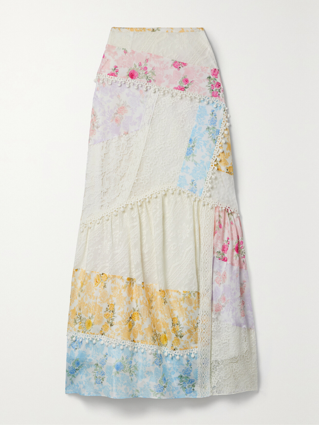 LoveShackFancy - Obelia Patchwork Lace And Printed Silk Crepe De Chine Maxi Skirt - Yellow