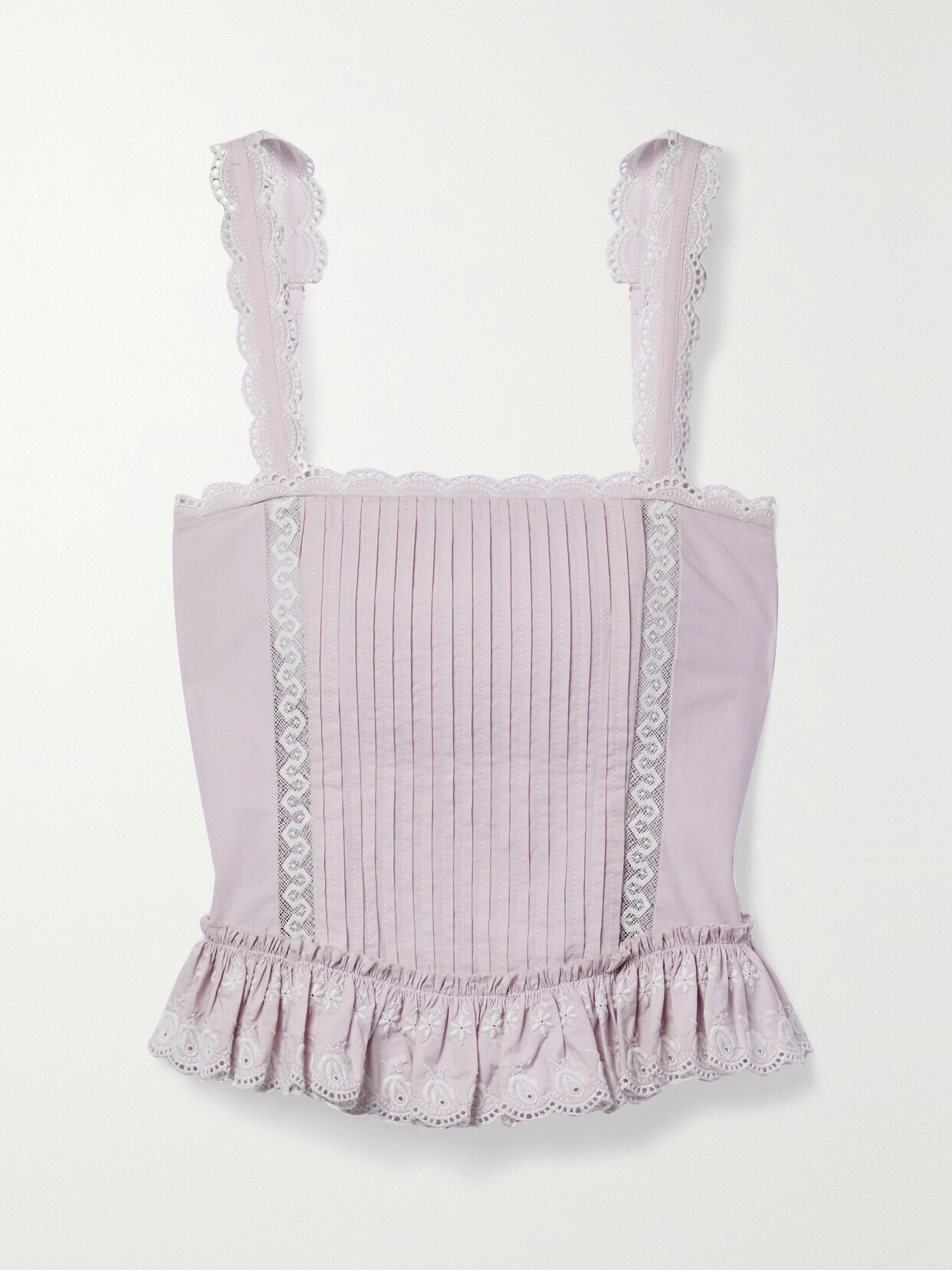 LoveShackFancy - Skipper Broderie Anglaise-trimmed Pintucked Cotton-poplin Bustier Top - Purple