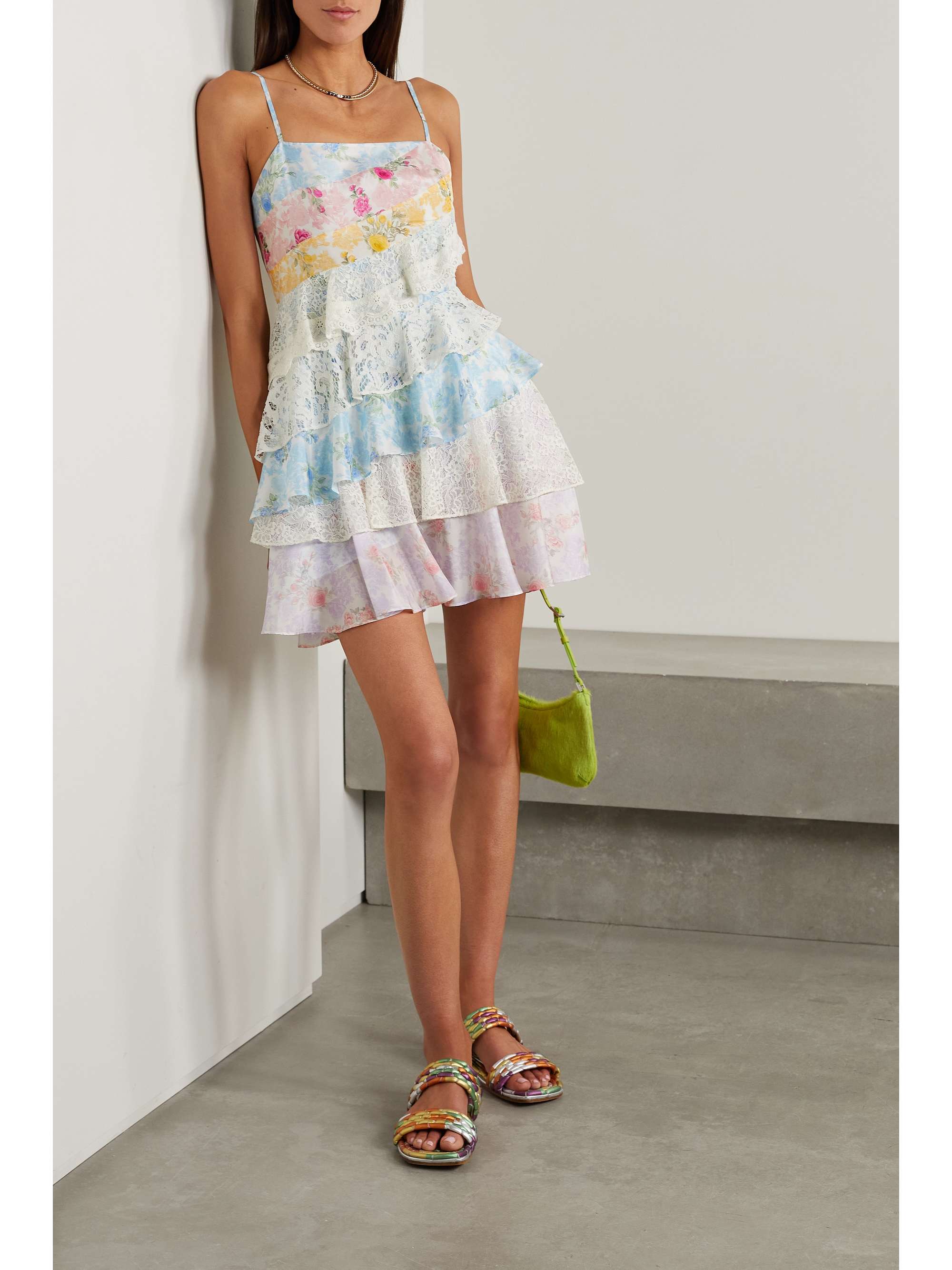 LOVESHACKFANCY Imata patchwork tiered lace and floral-print silk crepe de  chine mini dress | NET-A-PORTER