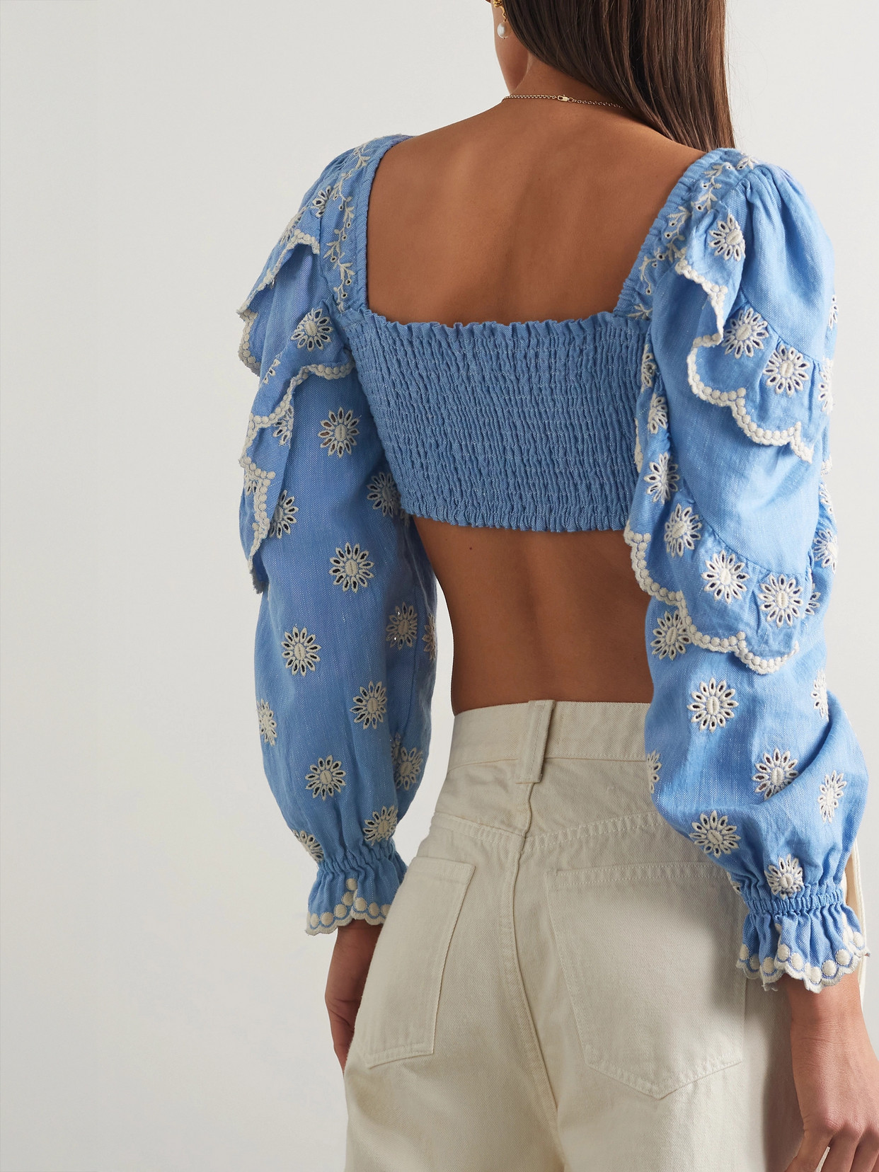 Loveshackfancy Milanti Tie-front Ruffled Broderie Anglaise Cotton And Linen-blend Top In Blue