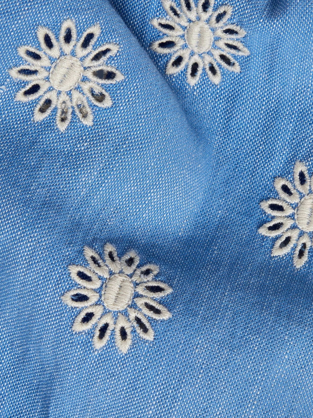 Loveshackfancy Milanti Tie-front Ruffled Broderie Anglaise Cotton And Linen-blend Top In Blue