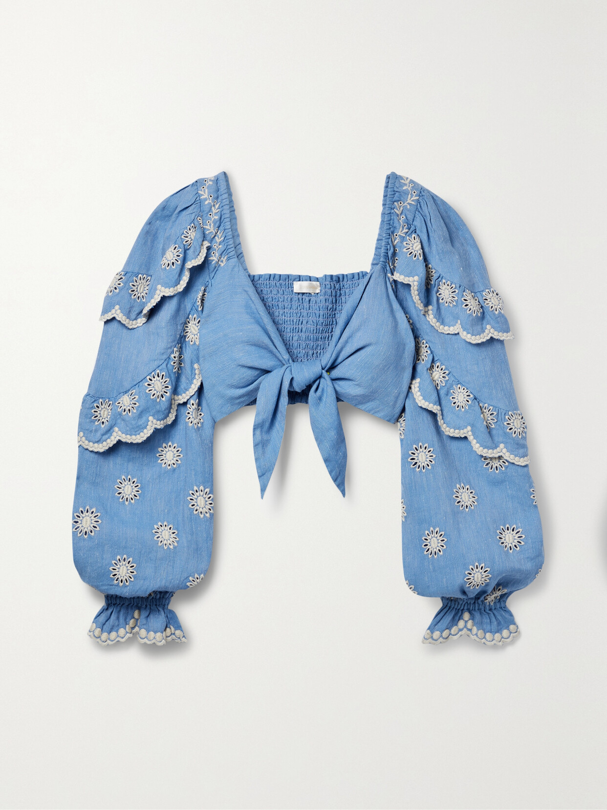 Loveshackfancy Milanti Tie-front Ruffled Broderie Anglaise Cotton And Linen-blend Top In Blue