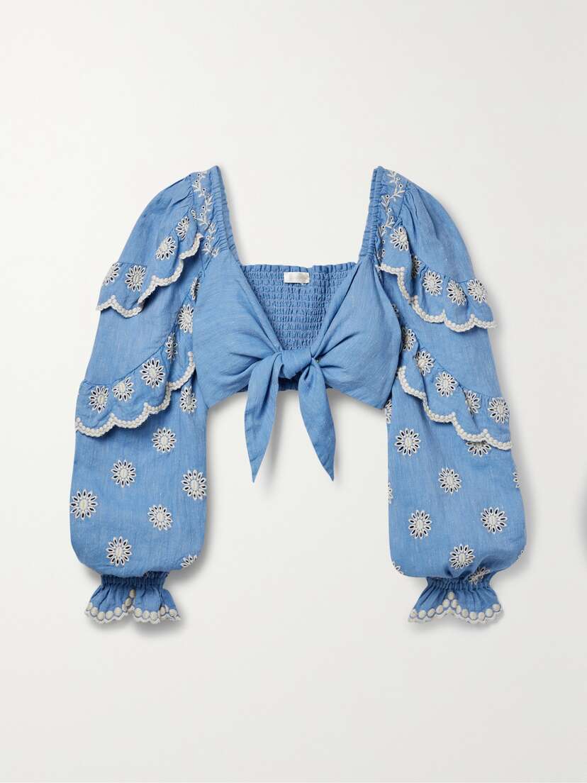 LoveShackFancy Milanti Tie-front Ruffled Broderie Anglaise Cotton And Linen-blend Top