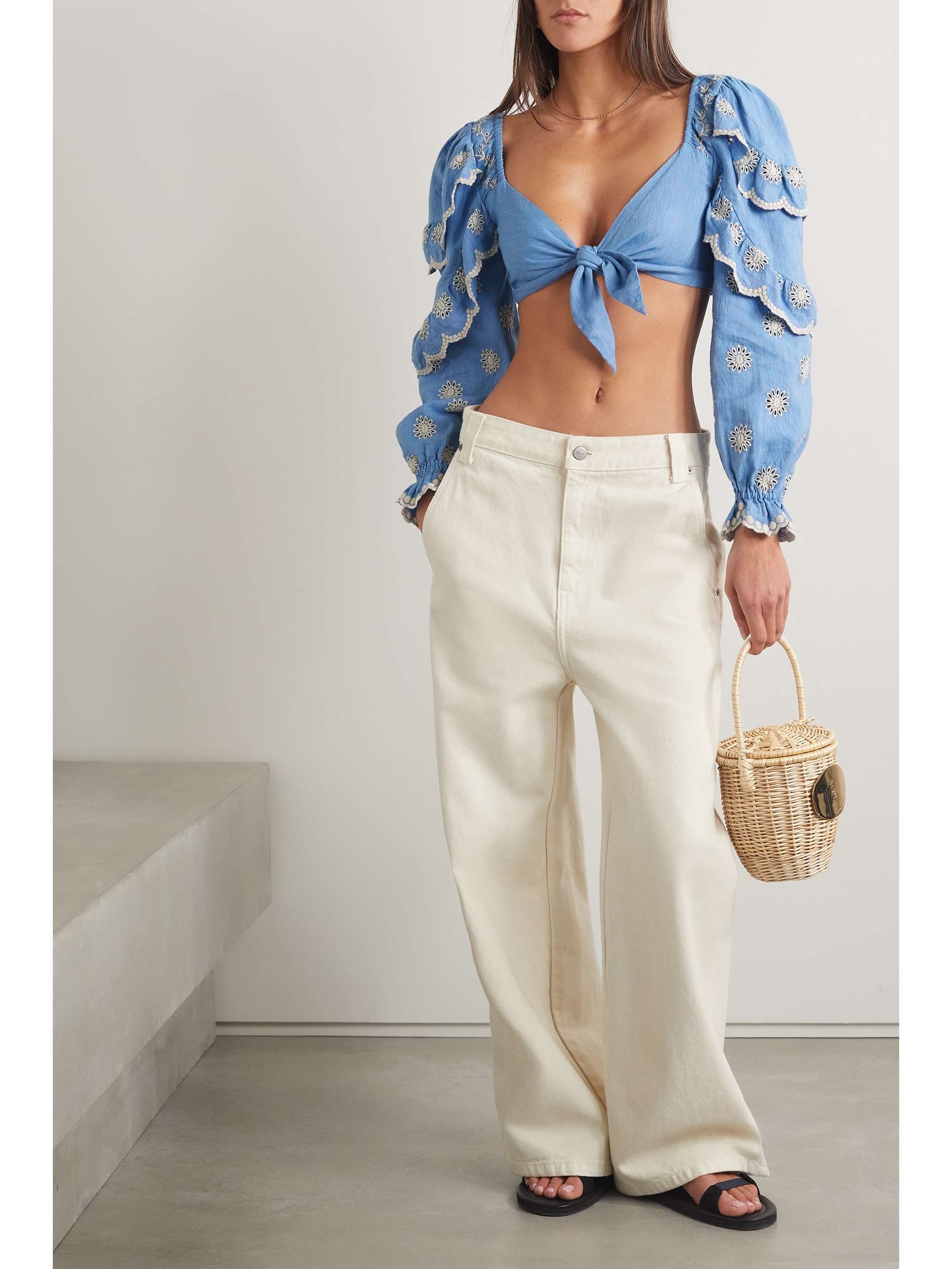 LOVESHACKFANCY Milanti tie-front ruffled broderie anglaise cotton and linen-blend top