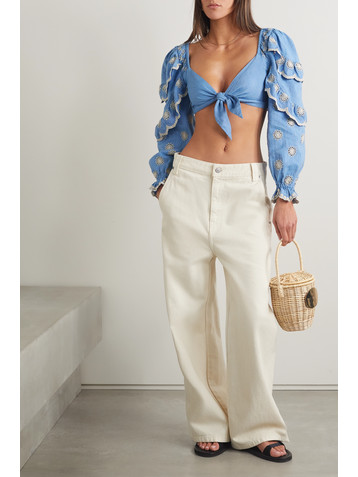 LoveShackFancy Milanti tie-front ruffled broderie anglaise cotton and linen-blend top