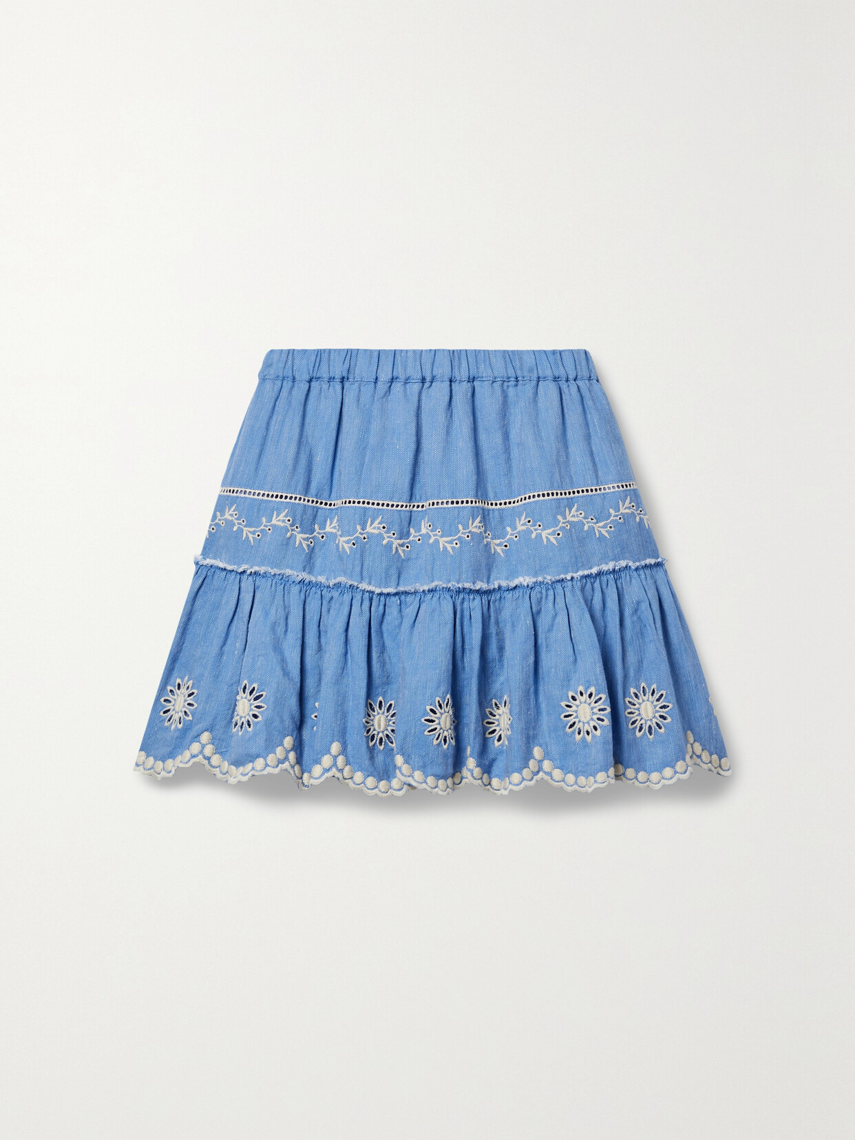 LoveShackFancy - Cava Tiered Broderie Anglaise Cotton And Linen-blend Mini Skirt - Blue