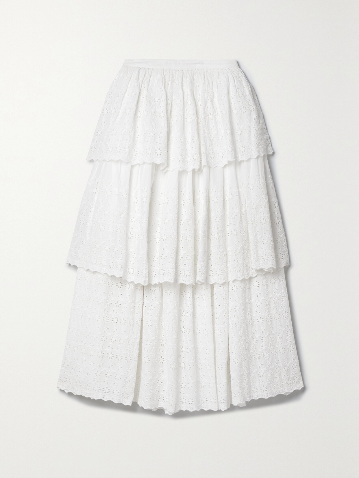 LoveShackFancy Kasiana Layered Tiered Broderie Anglaise Cotton Midi Skirt - White