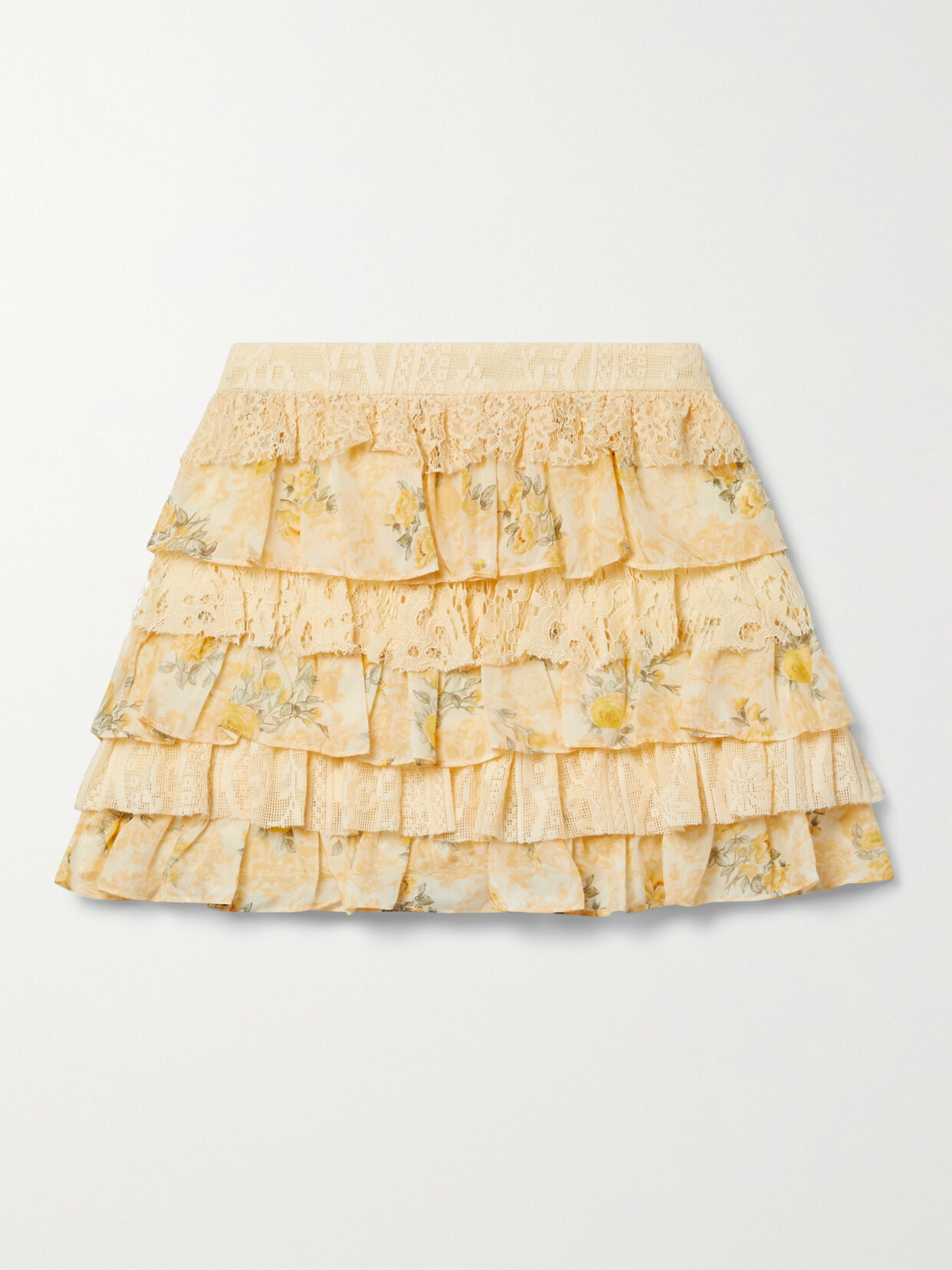 LoveShackFancy - Merlita Ruffled Floral-print Lace And Silk Mini Skirt - Yellow