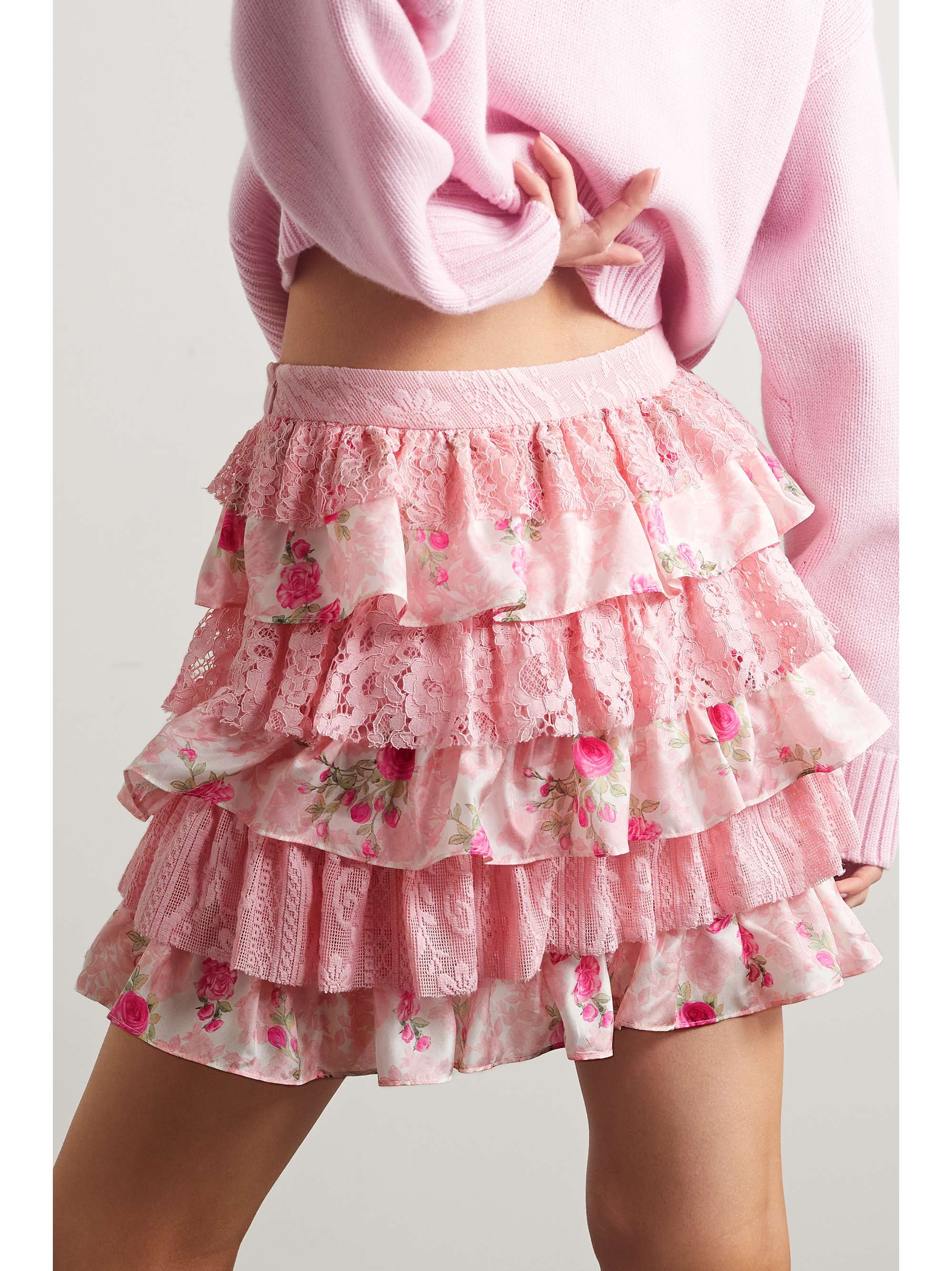 LOVESHACKFANCY Merlita ruffled floral-print lace and silk-satin mini skirt