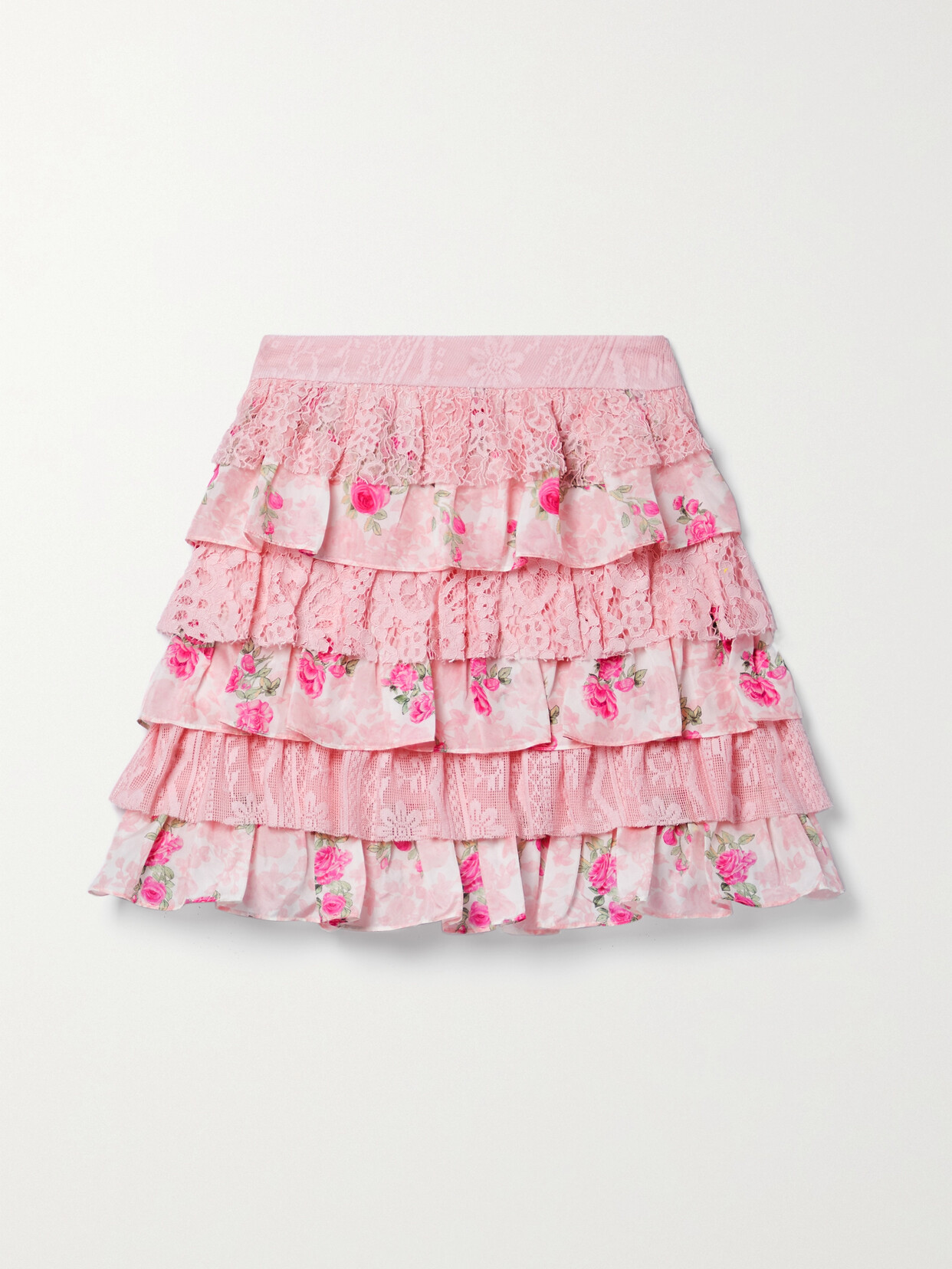 LoveShackFancy - Merlita Ruffled Floral-print Lace And Silk-satin Mini Skirt - Pink