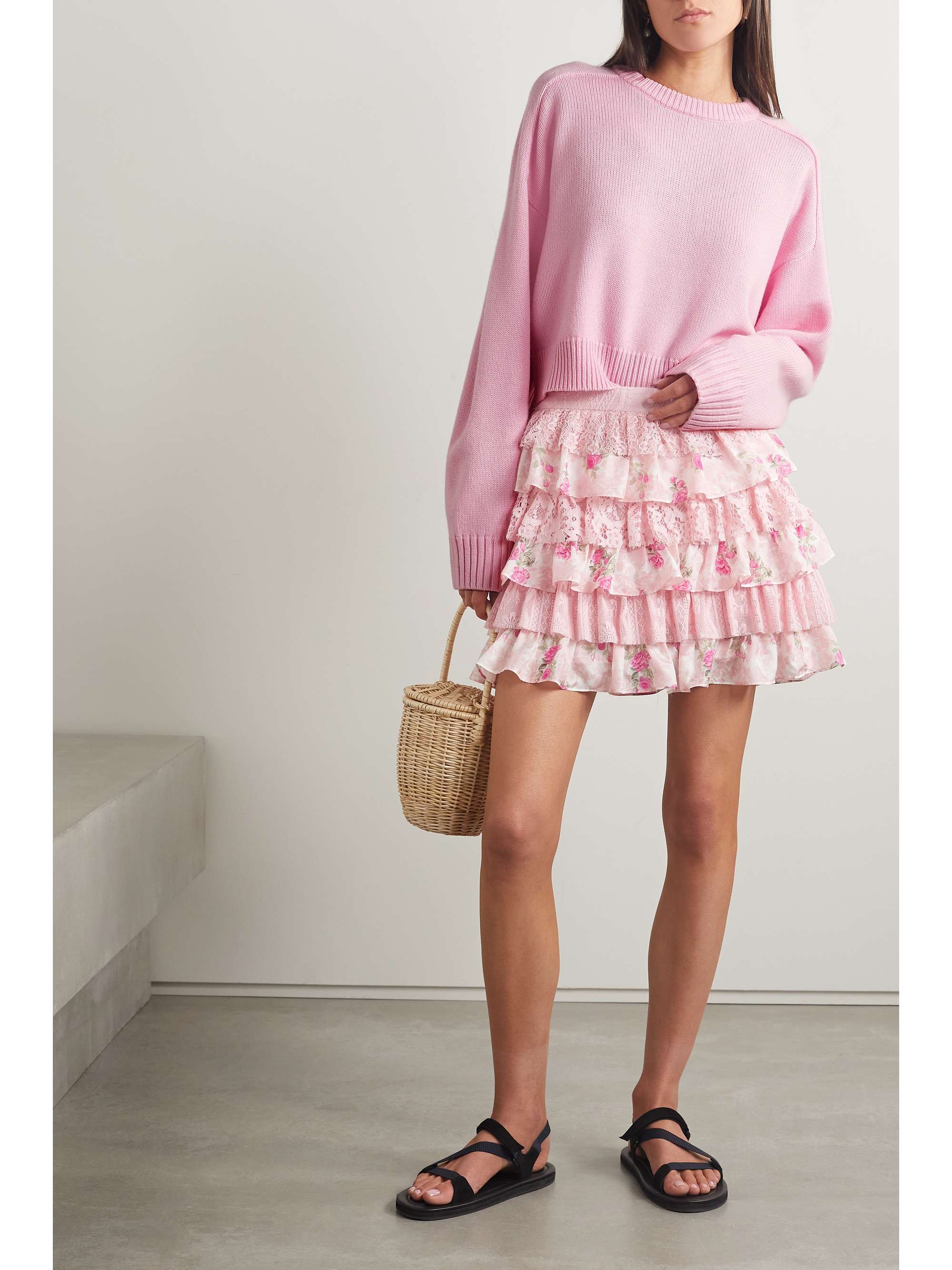LOVESHACKFANCY Merlita ruffled floral-print lace and silk-satin mini skirt