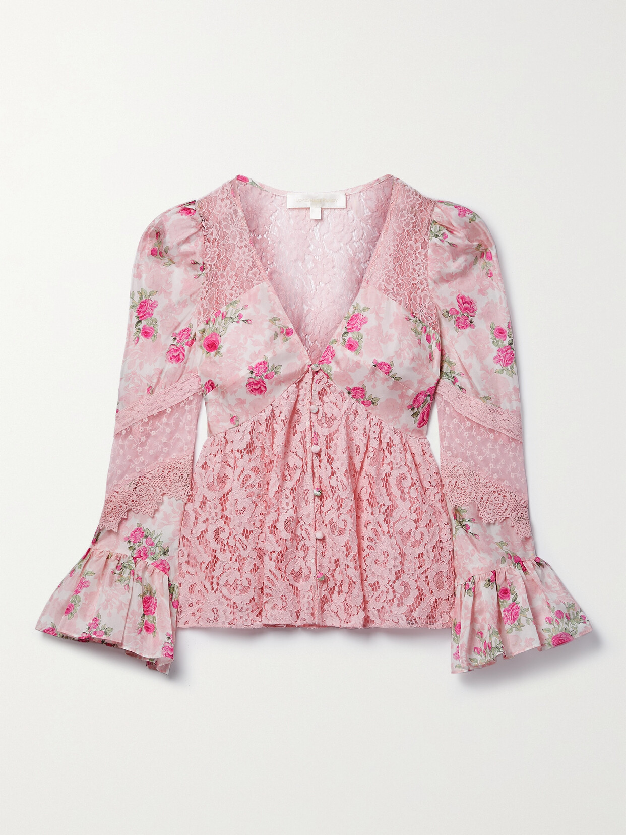 LoveShackFancy - Priema Embroidered Tulle, Lace And Crochet-trimmed Floral-print Silk-satin Top - Pink