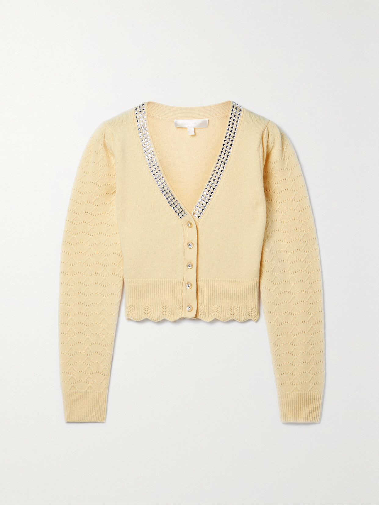 LOVESHACKFANCY BRYNNER CROPPED CRYSTAL-EMBELLISHED POINTELLE-TRIMMED WOOL AND CASHMERE-BLEND CARDIGAN