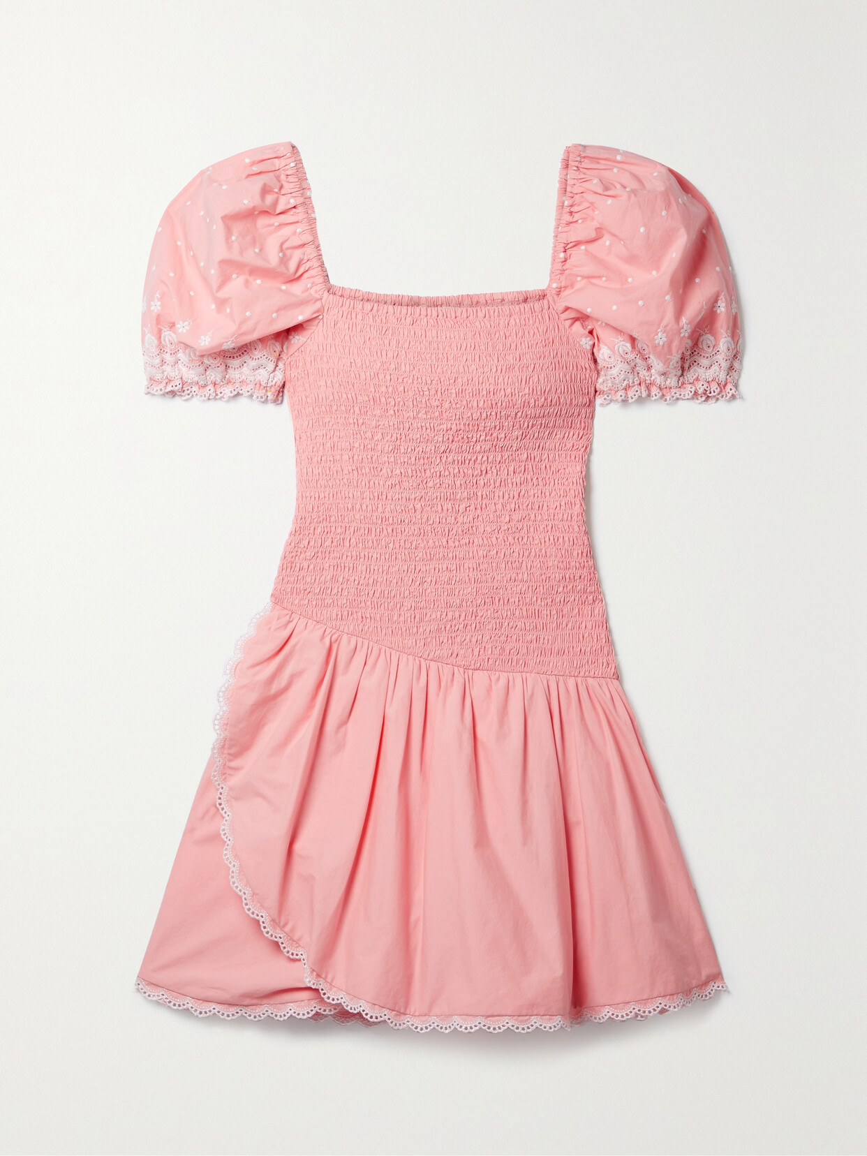 LOVESHACKFANCY ASA BRODERIE ANGLAISE-TRIMMED SHIRRED COTTON-POPLIN MINI DRESS