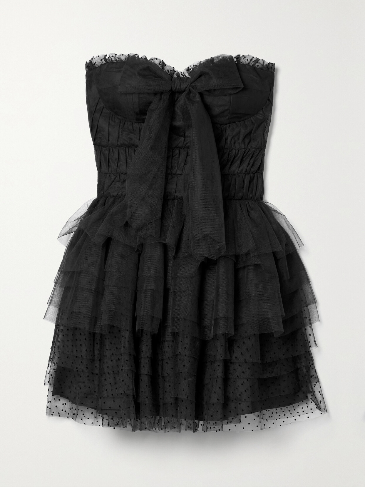 LOVESHACKFANCY FARON BOW-DETAILED TIERED FLOCKED TULLE MINI DRESS